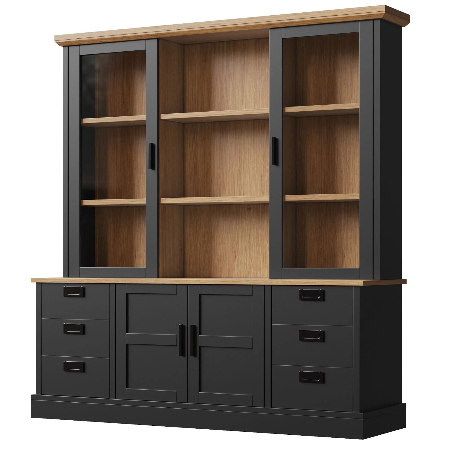 okwish Küchenhochschrank mit Glastüren Schubladen Kippschutz Stauraum 140x185cm Schwarz