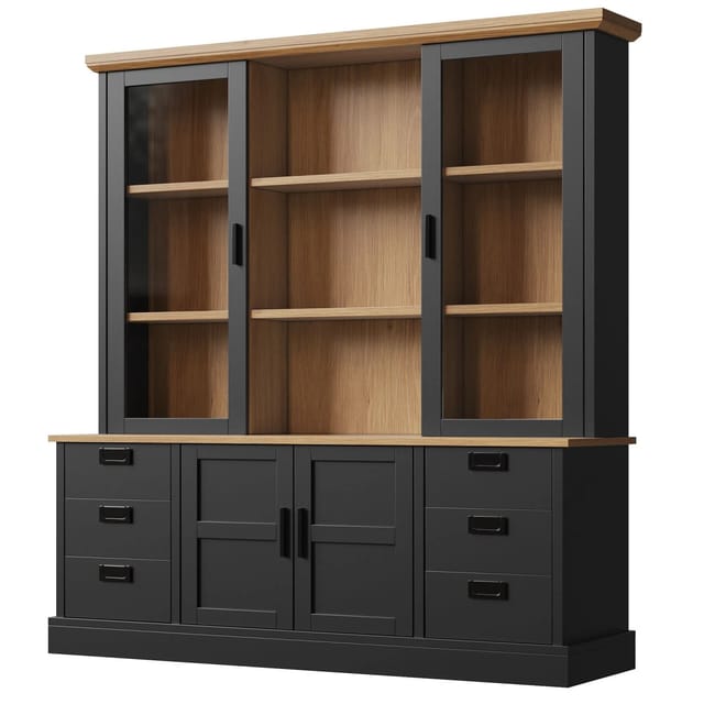 okwish Küchenhochschrank mit Glastüren Schubladen Kippschutz Stauraum 140x185cm Schwarz