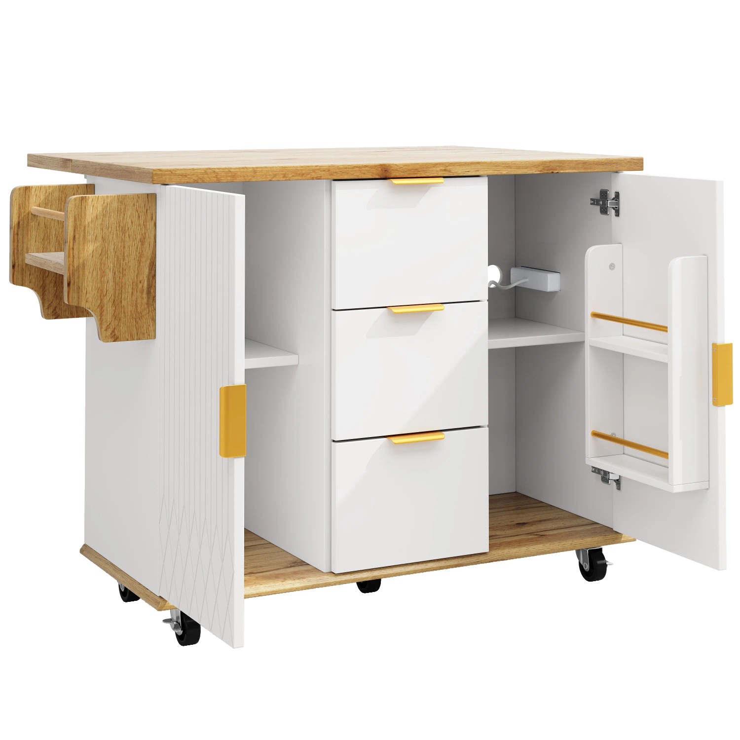 okwish Küchenwagen mit Arbeitsplatte Stromanschluss Küche 134x46x88cm Weiß
