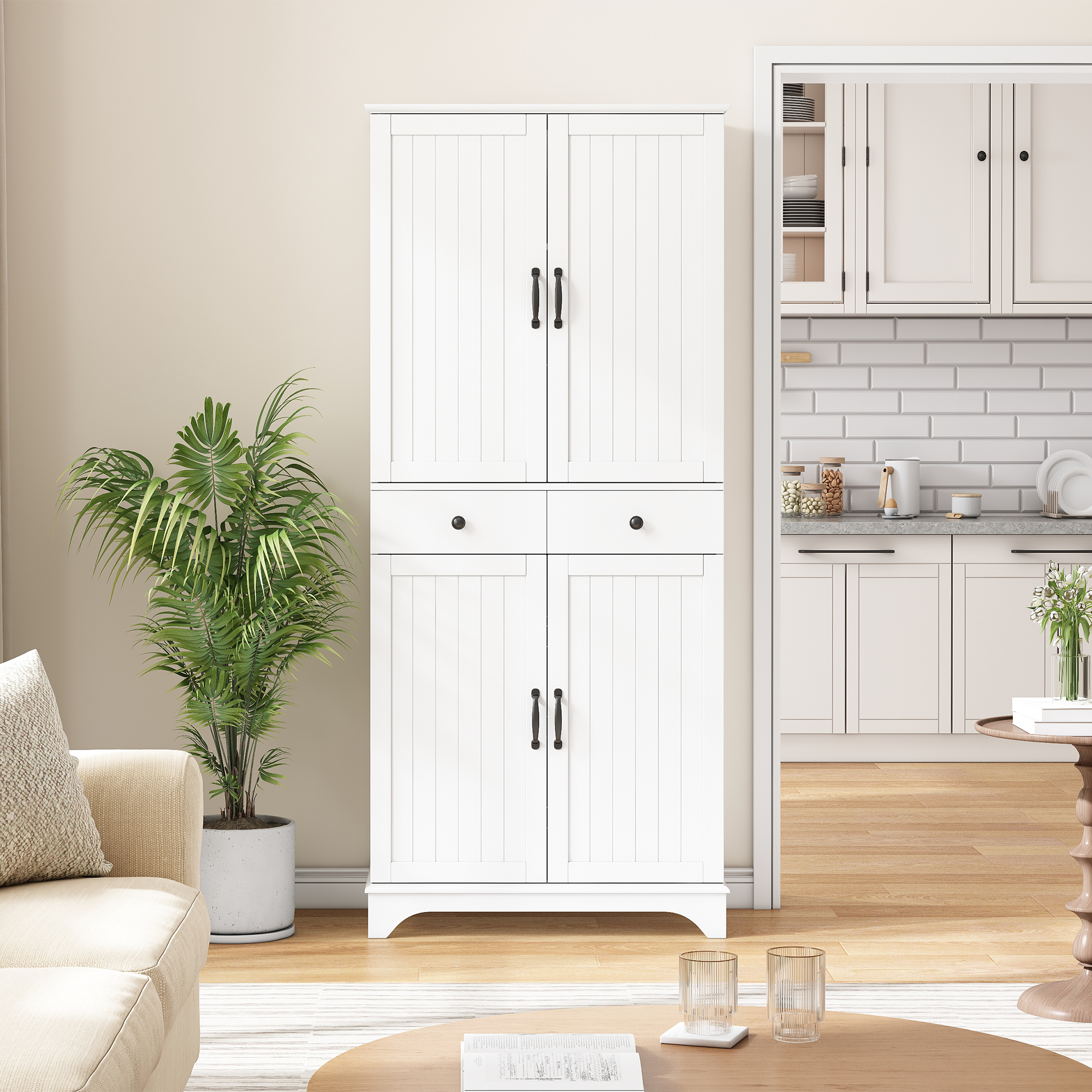 okwish Hochschrank mit Verstellbare Böden Schubladen Bücherregal Küche 77x40x181cm Weiß
