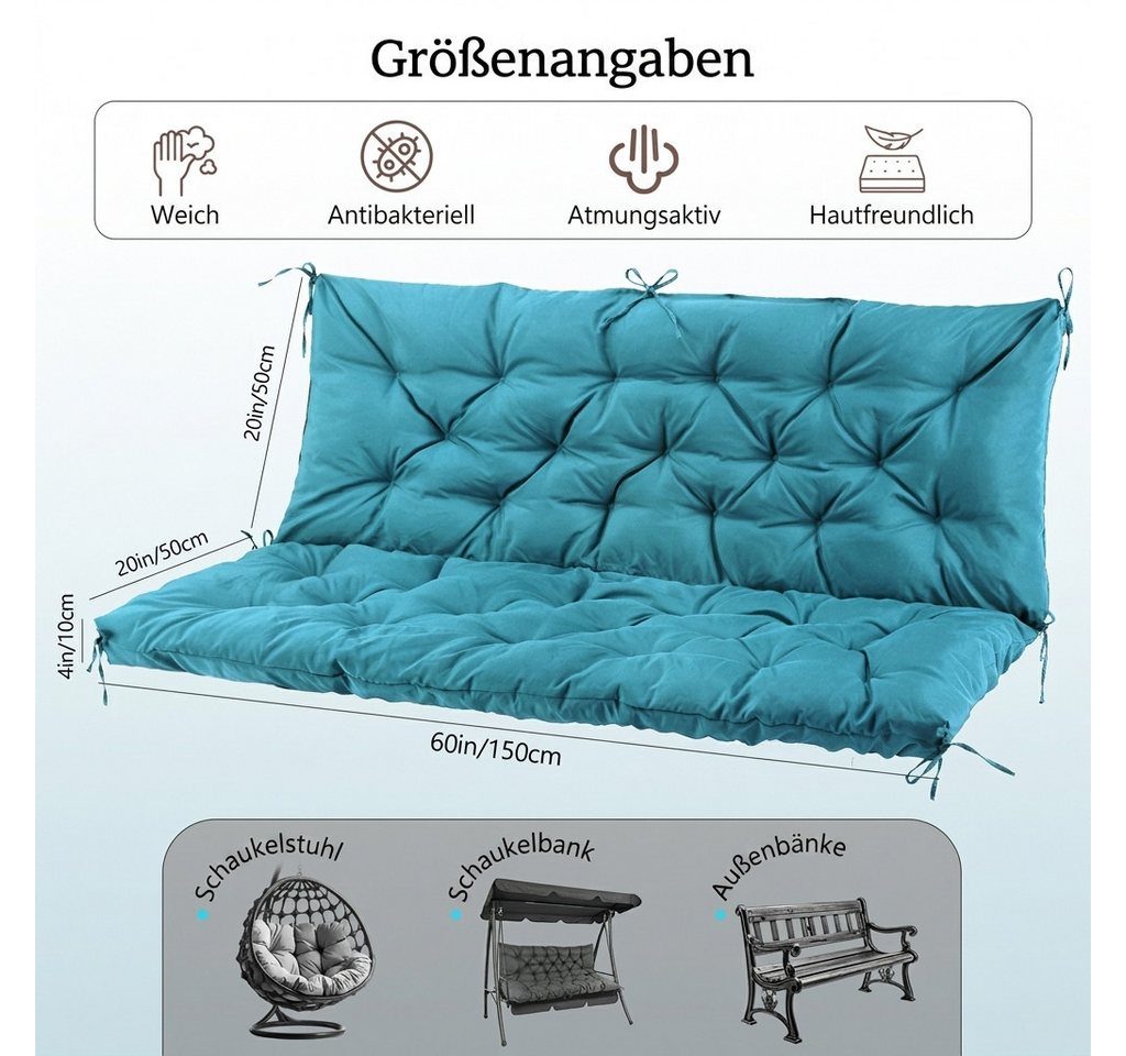 NACATIN Auflagekissen Hollywoodschaukel Auflage, rutschfest Gartenkissen, (1 St), Schaukelkissen mit Rückenlehne & Befestigungsriemen, 150x100x10 cm Bild 5