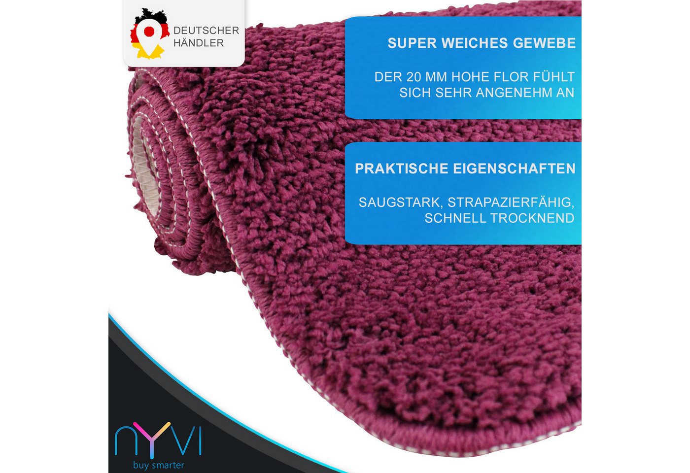 NYVI Badematte WC Vorleger mit Ausschnitt NYVISpa Lasalle Lila Toiletten Teppich, Höhe 20 mm, Polyester, Rutschfest, Saugstark, Schnell Trocknend, Fußbodenheizung geeignet Bild 4