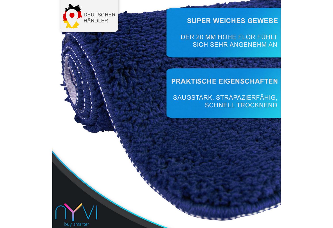 NYVI Badematte WC Vorleger mit Ausschnitt NYVISpa Lasalle Navy Toiletten Teppich, Höhe 20 mm, Polyester, Rutschfest, Saugstark, Schnell Trocknend, Fußbodenheizung geeignet