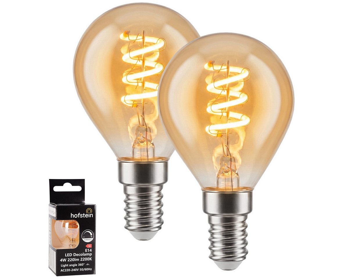 hofstein LED-Leuchtmittel 2er Set Glühbirne Extra Warmweiß dimmbar 4 Watt, E14, 2200 Kelvin, 220 Lumen, Kerze, Filament Spirale, Amber Bild 5