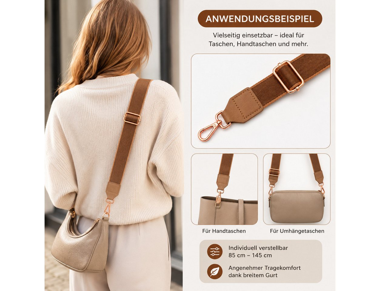 Ware aus aller Welt Schulterriemen Taschengurt 3,8 cm breit, 85–145 cm Schultergurt verstellbar, Braun (1-St) hochwertige und elegante Optik