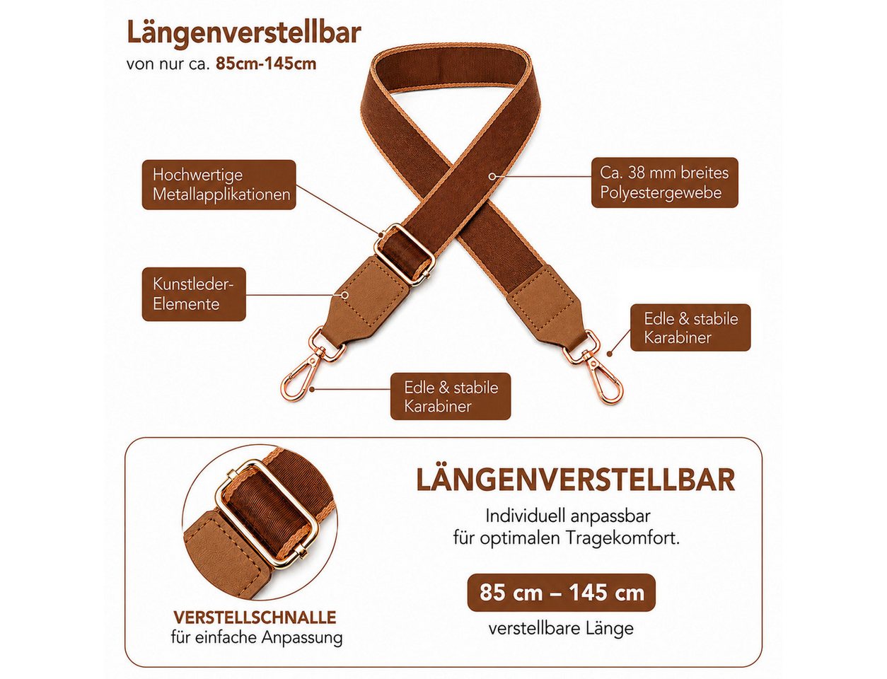 Ware aus aller Welt Schulterriemen Taschengurt 3,8 cm breit, 85–145 cm Schultergurt verstellbar, Braun (1-St) hochwertige und elegante Optik Bild 2
