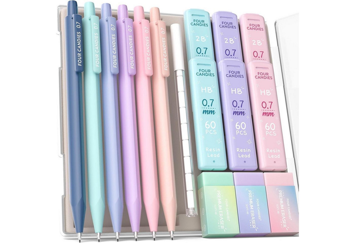 Four Candies Druckbleistift Druckbleistift Set 0.7mm: 6 Niedliche Stifte, 360 Minen, 3 Pastell Bild 5
