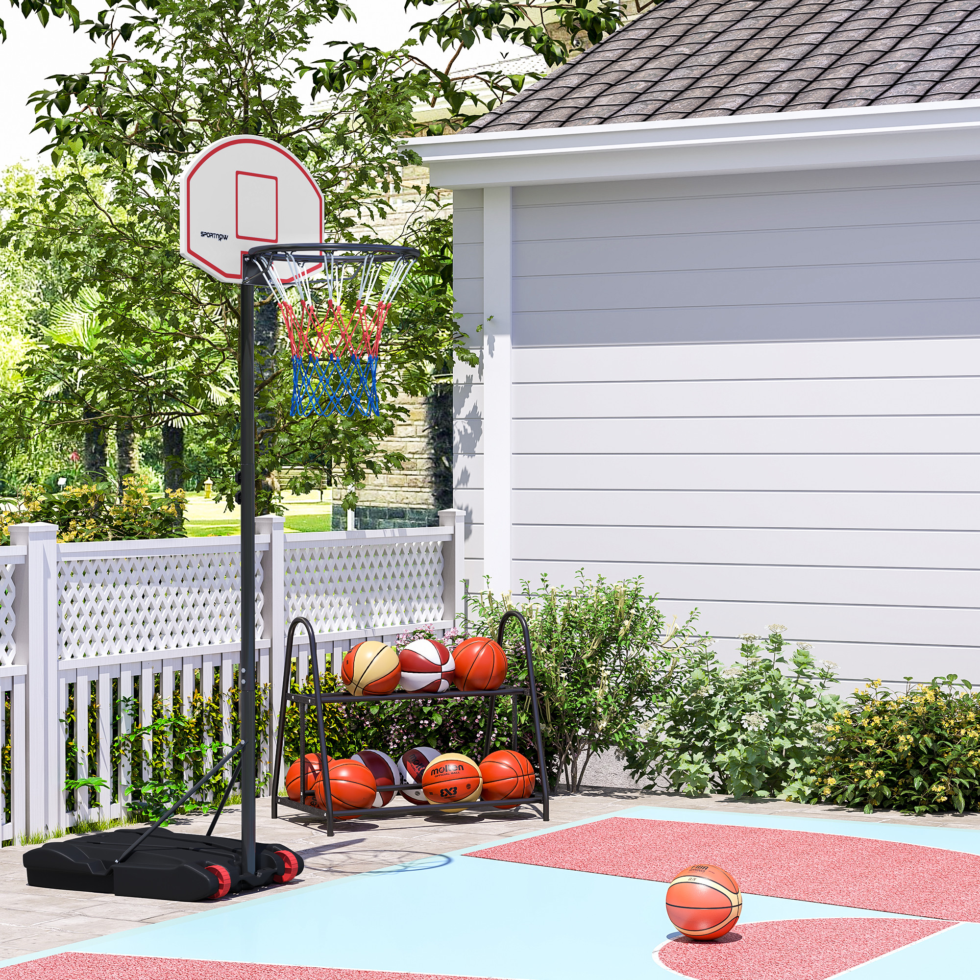 Basketballkorb Mit Dartscheibe, Höhenverstellbar, Mit Nachfüllbarem Sockel Und Rollen, 74 X 55 X 210–247 Cm, Schwarz