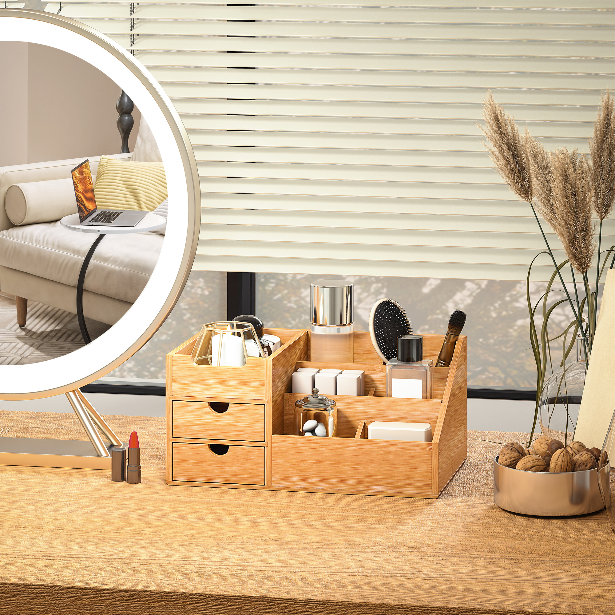 Schreibtisch-organizer Aus Bambus, Multifunktionale Aufbewahrung Mit 2 Schubladen Und 7 Fächern, Büro-organizer, 33 X 20,5 X 15,5 Cm