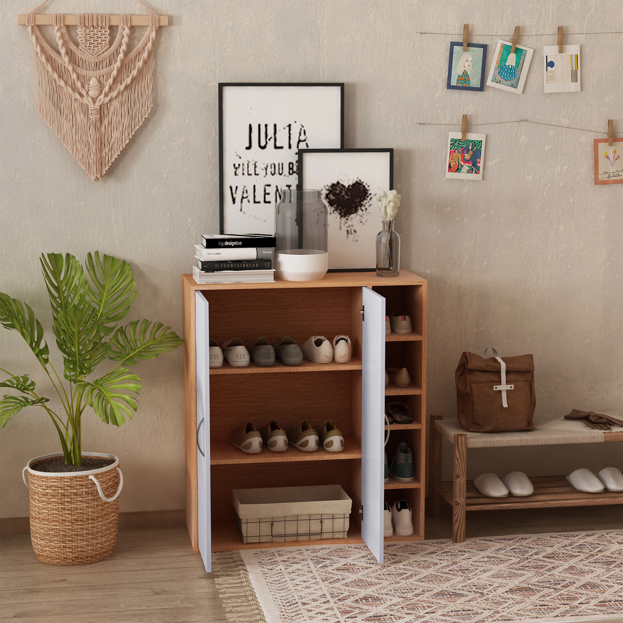 Schmale, Wandmontierte Schuhablage, Vielseitiges Möbelstück Mit 2 Türen Und Verstellbaren Einlegeböden Für Schlafzimmer Und Eingangsbereich, Aus Holz, 80 X 32 X 91 Cm