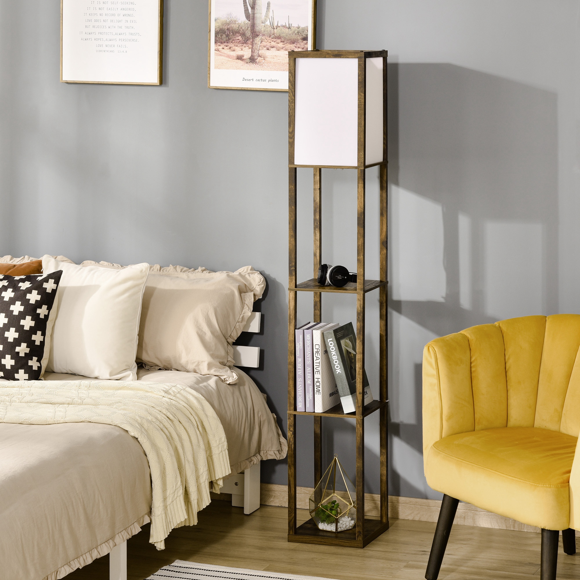 Stehlampe Mit 3 Ablagefächern Für E27-leuchtmittel (max. 40 W) Für Wohnzimmer, 26 X 26 X 160 Cm, Rustikales Braun