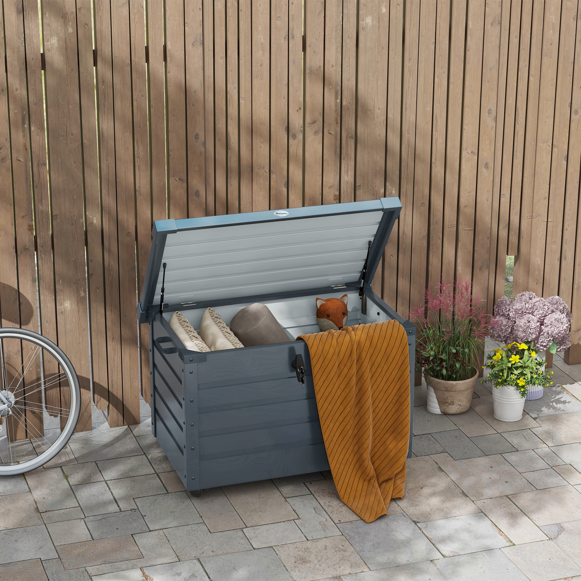 Gartenschrank 295 L Mit Schloss, 2 Befestigungspunkten Und 4 Rollen, Stahlmöbel, 100 X 62 X 65 Cm, Grau