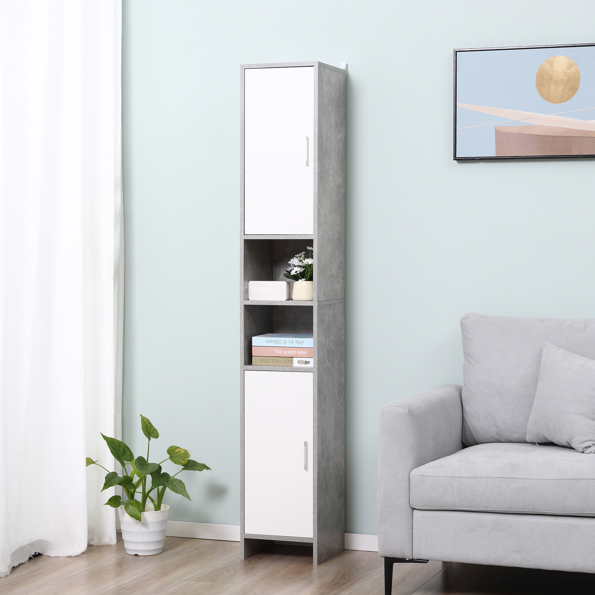 Badezimmerschrank Mit 2 Schränken Und 2 Offenen Fächern, Hoher, Platzsparender Schrank In Zementoptik, 30 X 30 X 180 Cm, Grau