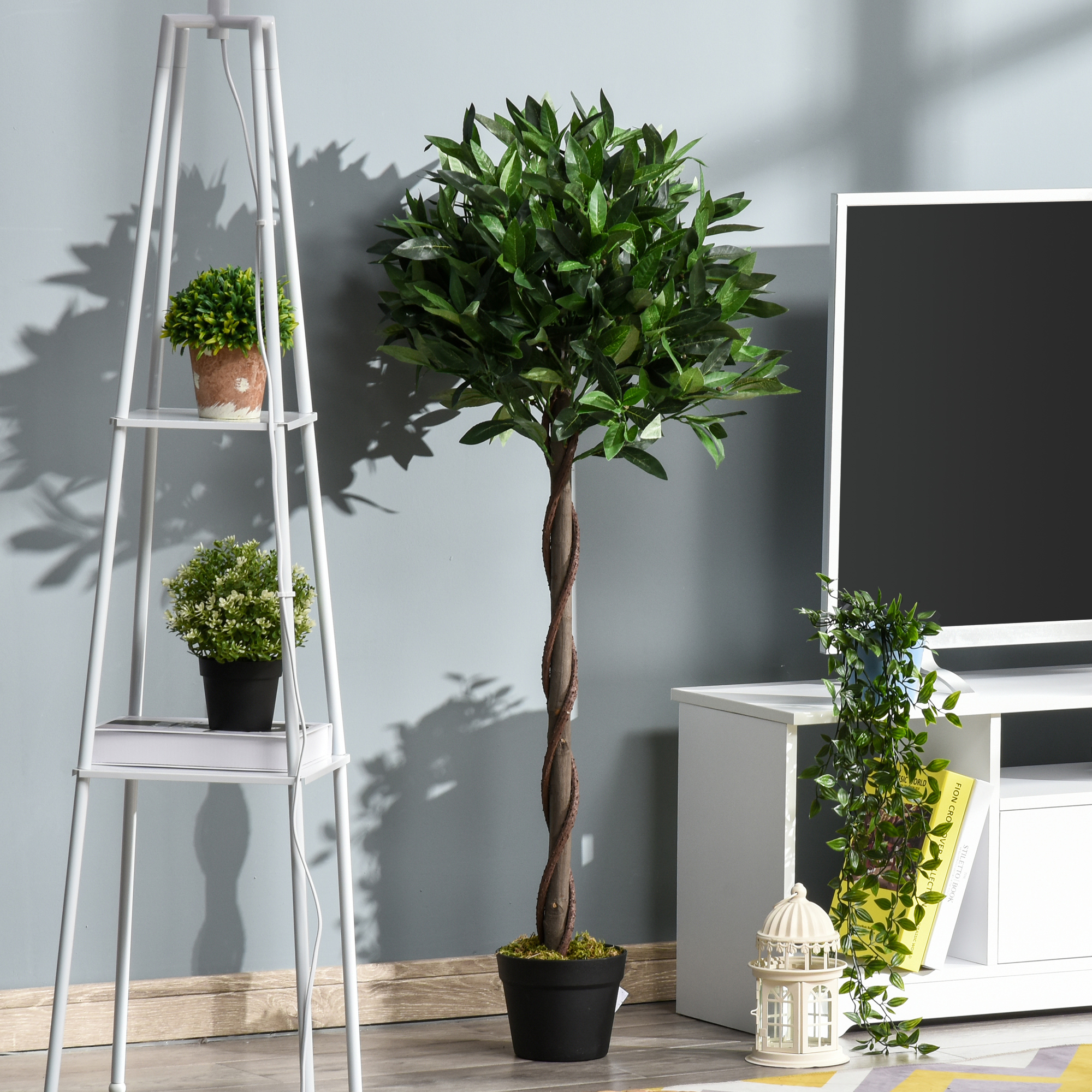 Outsunny Künstlicher Lorbeerbaum (1,20 M Hoch) – 2er-set Künstliche Lorbeerkugeln – 741 Realistische Blätter Pro Pflanze – Rankenstamm – Inklusive Topf – Schwarz/grün