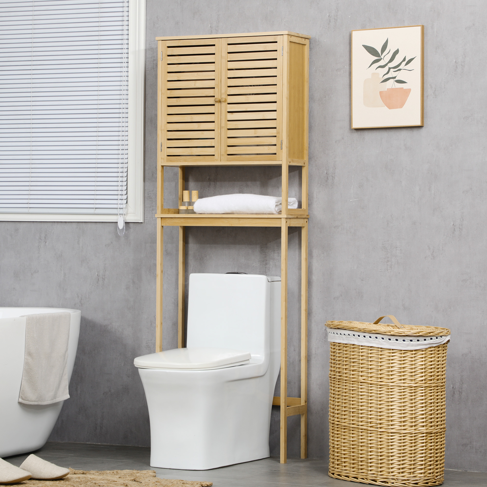 Kleankin Bambus-wc-schrank, Hoher Waschmaschinenschrank Mit 2 Türen, 1 Einlegeboden Und 1 Ablage Für Badezimmer, 60 X 23 X 173 Cm, Natur