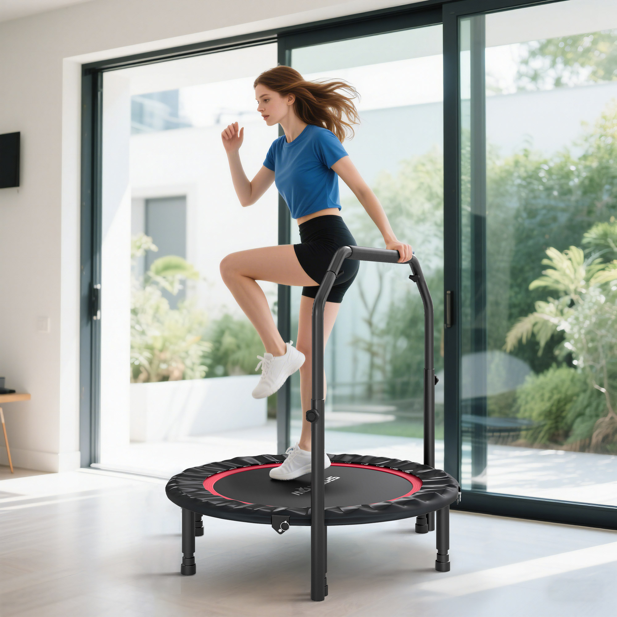 Klapptrampolin Ø 102 Cm Mit Verstellbarem Griff, Stahlrahmen Für Bein- Und Körpertraining, Rot Und Schwarz