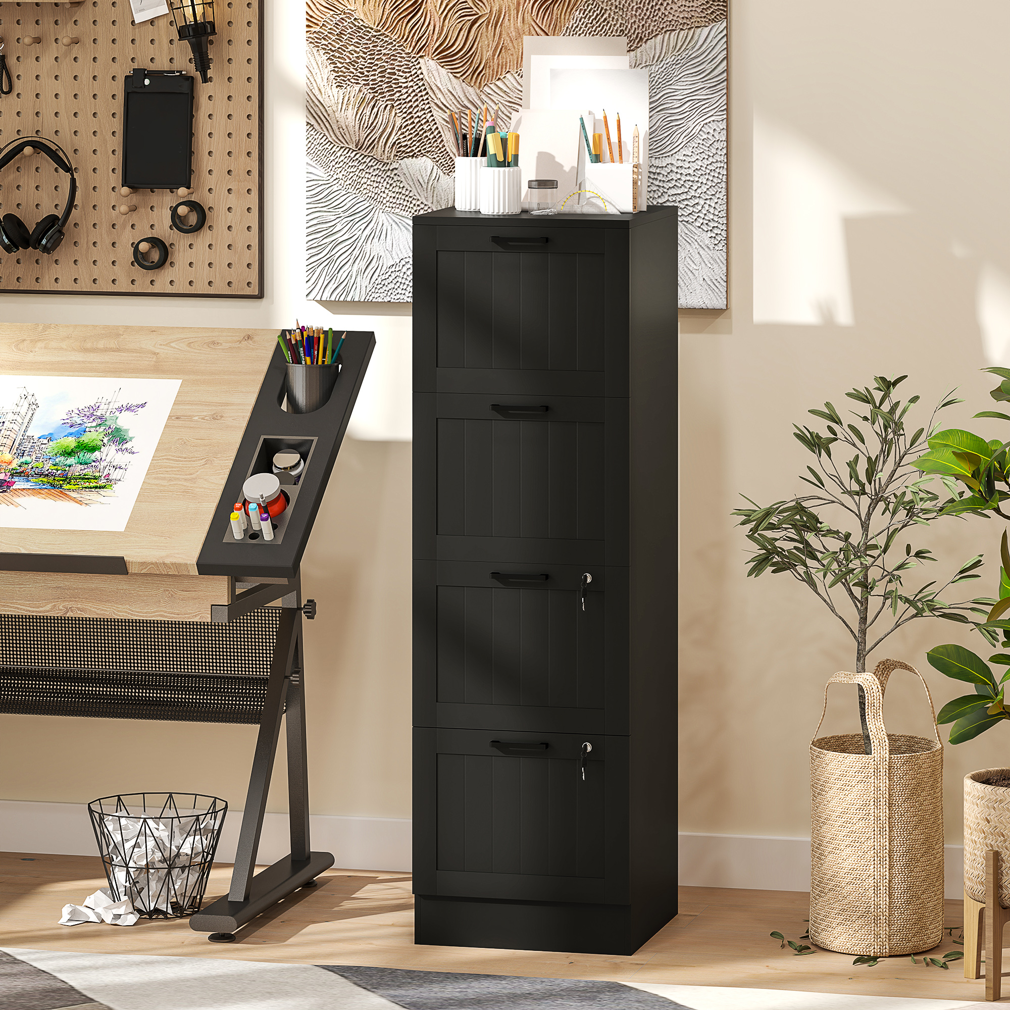 Aktenschrank Mit 4 Schubladen, Verstellbarer Schiene, 2 Schlüsseln Und 2 Schlössern, Mdf-büroschrank, Geeignet Für A4- Und Letter-ordner, 40 X 40 X 131 Cm, Schwarz