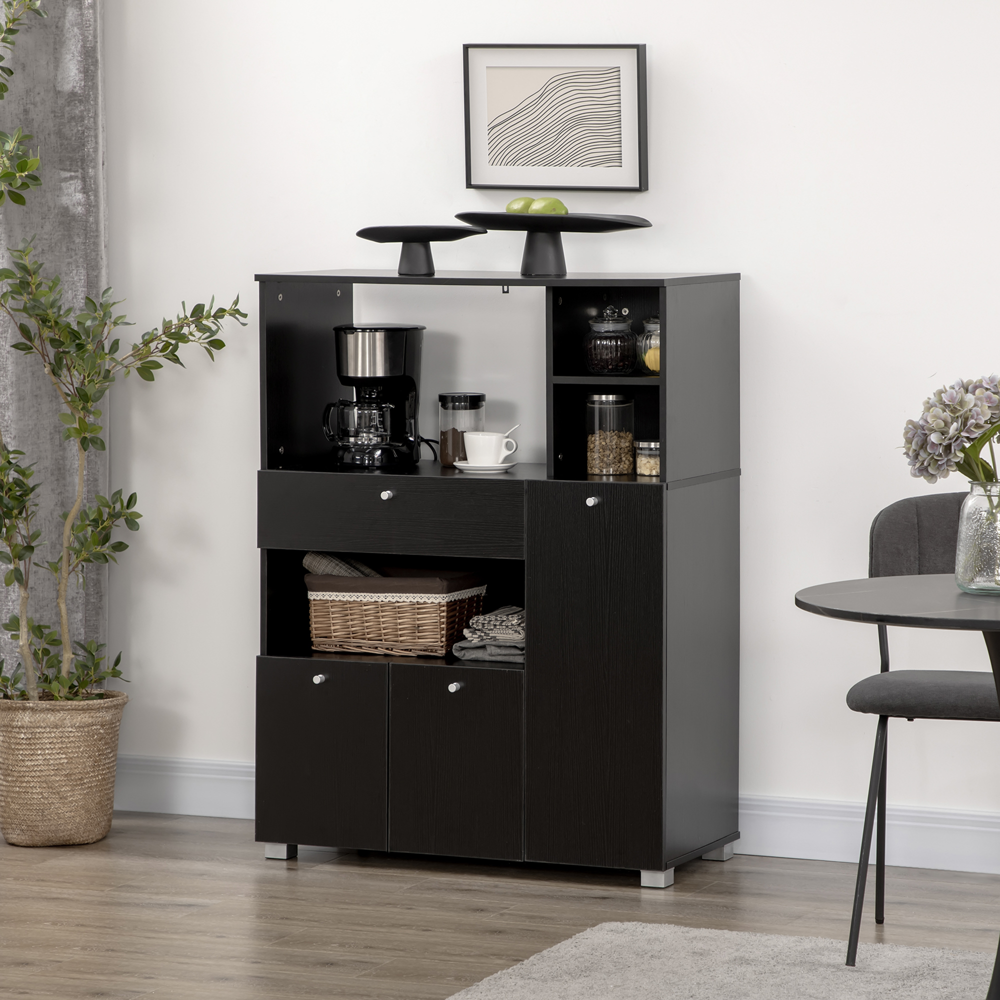 Mikrowellenschrank Mit Schublade, Ablagen, 3 Türen, 3 Fächern, Kippsicherung Für Esszimmer, 90 X 40 X 120 Cm, Schwarz