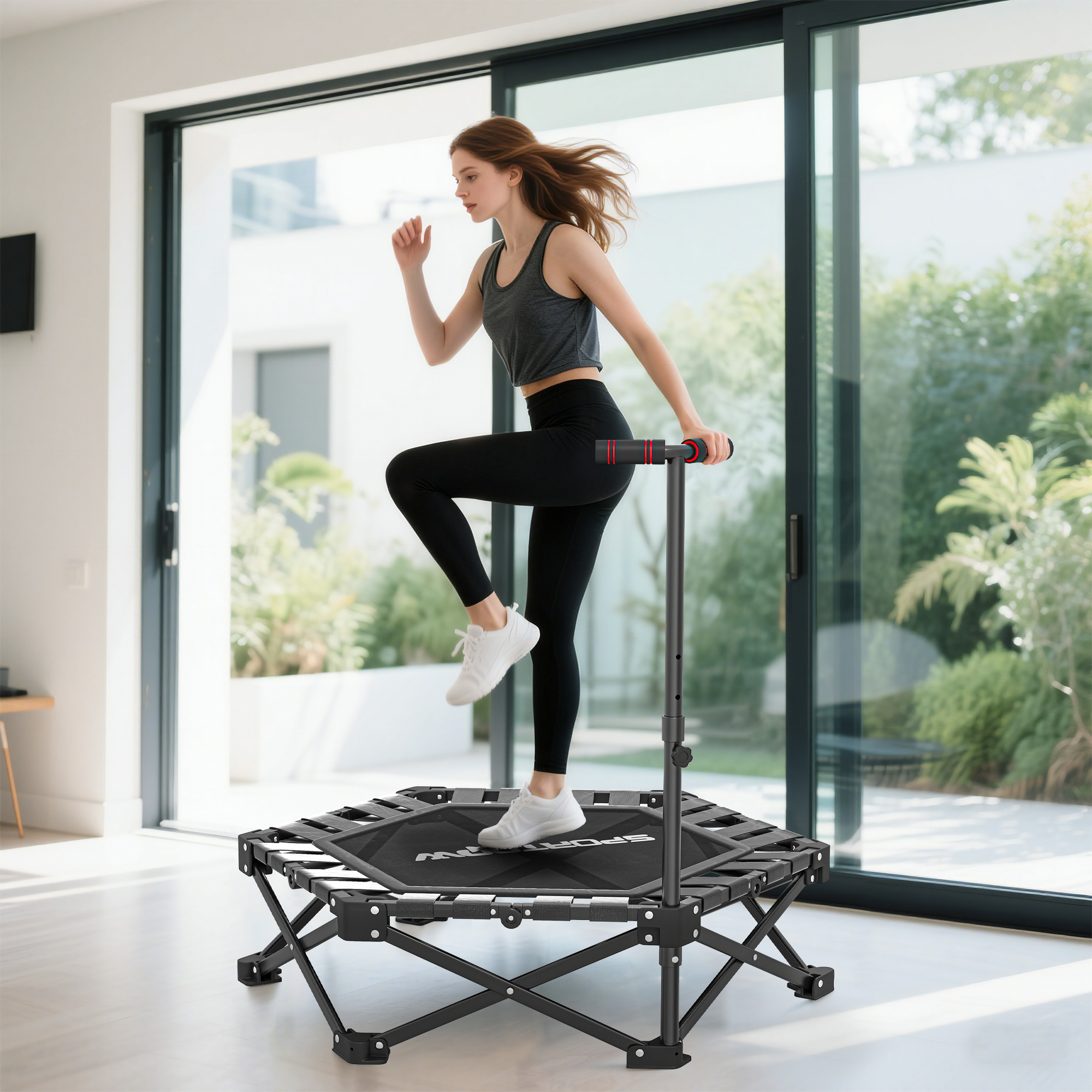 Faltbares Fitness-trampolin (104 Cm) Mit 3 Höhenverstellbaren Stangen, Verstärktem Metallrahmen Und Tragetasche (104 X 104 X 114 Cm)
