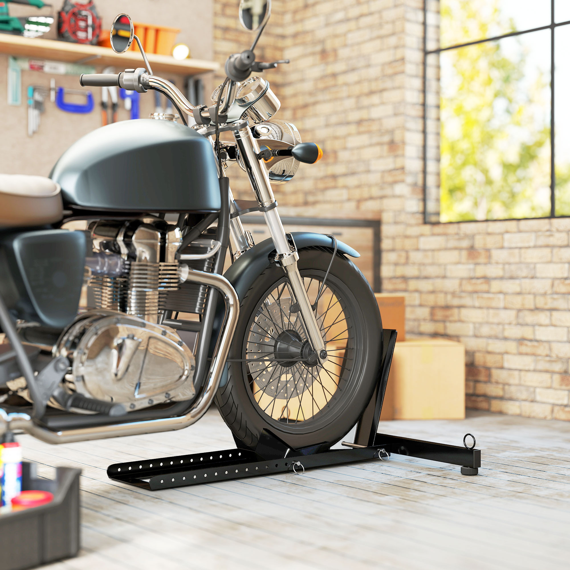 Motorrad-radklemme Mit 14-fach Verstellbarer Halterung, Tragkraft 816,5 Kg, Für Motorräder Und Roller (ø 34–84 Cm), Verstärkter Stahl, Schwarz