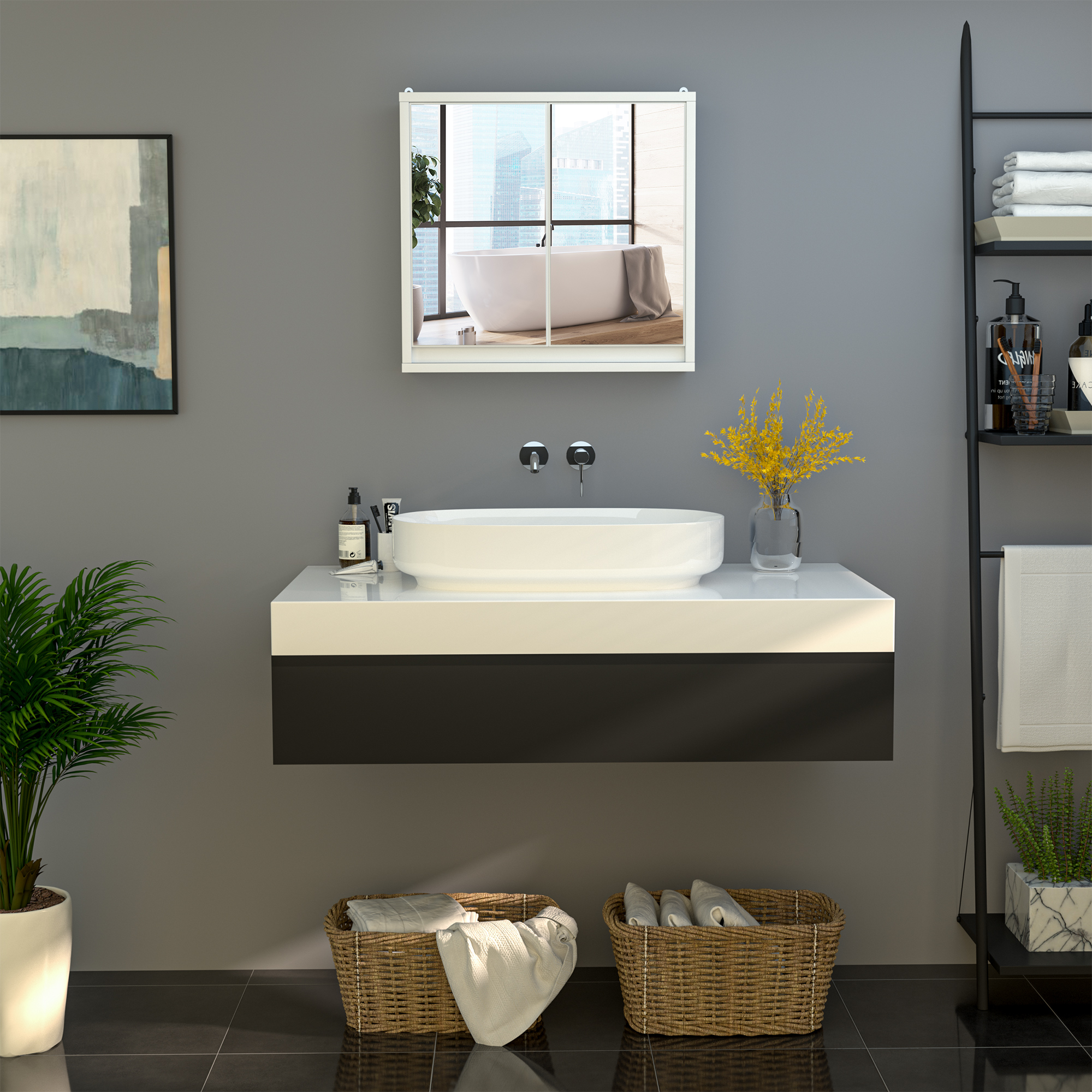Badezimmer-spiegelschrank Mit 2 Türen, Badezimmer-spiegelschrank Mit Verstellbarem Holzregal, 48 X 14,5 X 45 Cm, Weiß