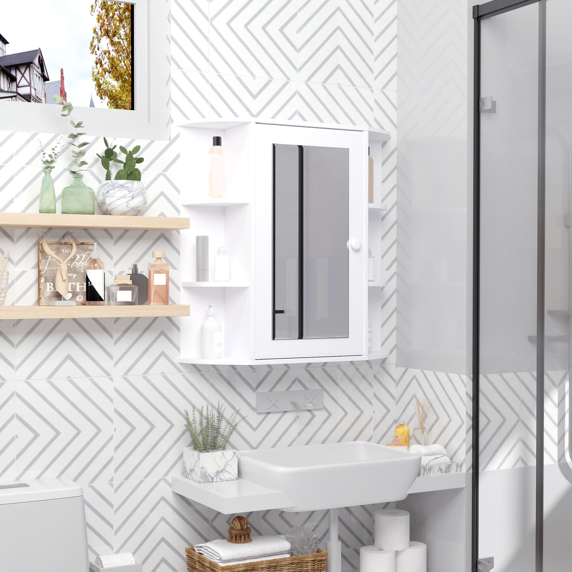 Badezimmerschrank Mit Spiegel, Mittig Angeordneter Tür Und Weißen Holzregalen (66 X 17 X 63 Cm)