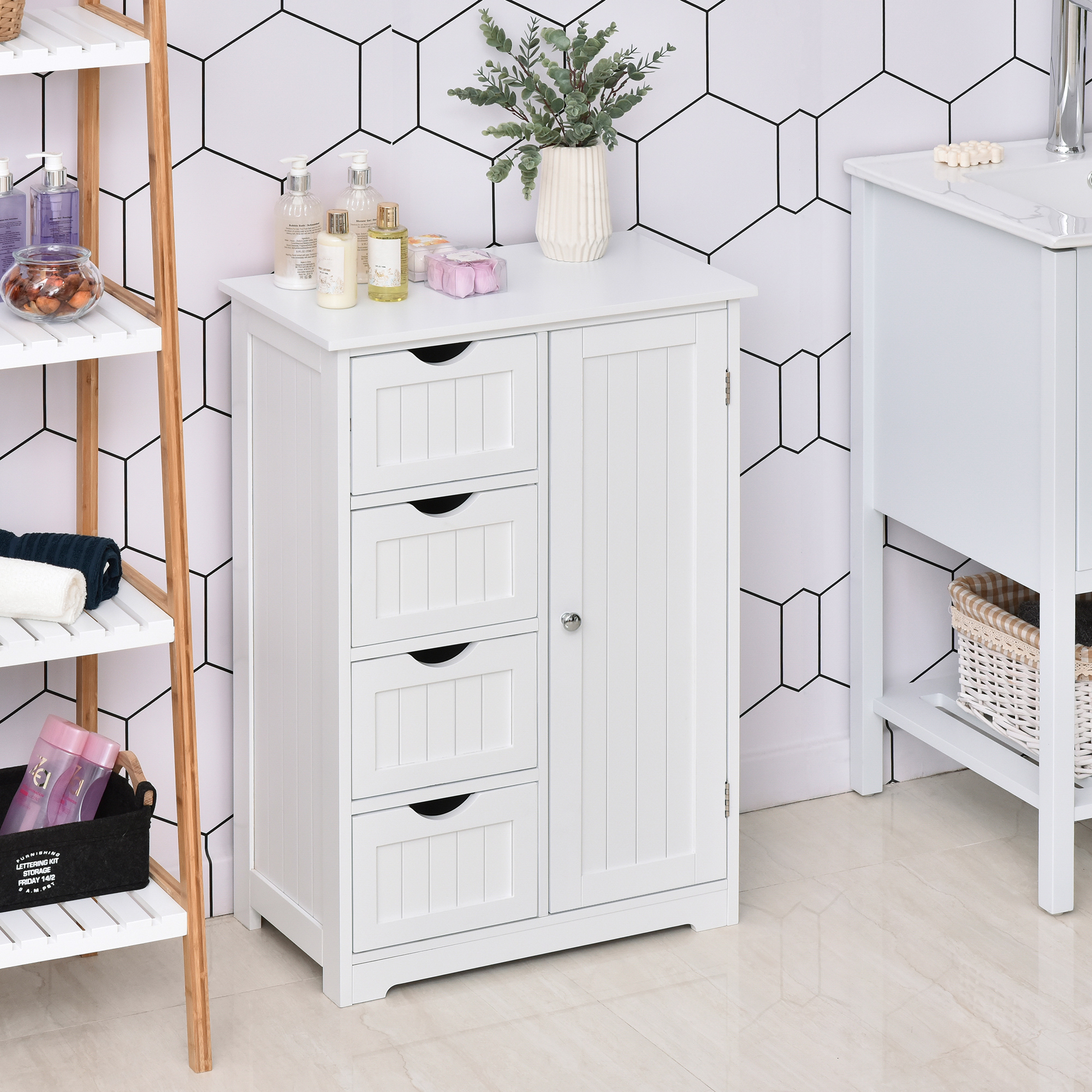 Badezimmerschrank Mit Tür, 4 Schubladen Und Verstellbarem Einlegeboden, Auch Für Küche Und Wohnzimmer Geeignet, 56 X 30 X 83 Cm, Weiß
