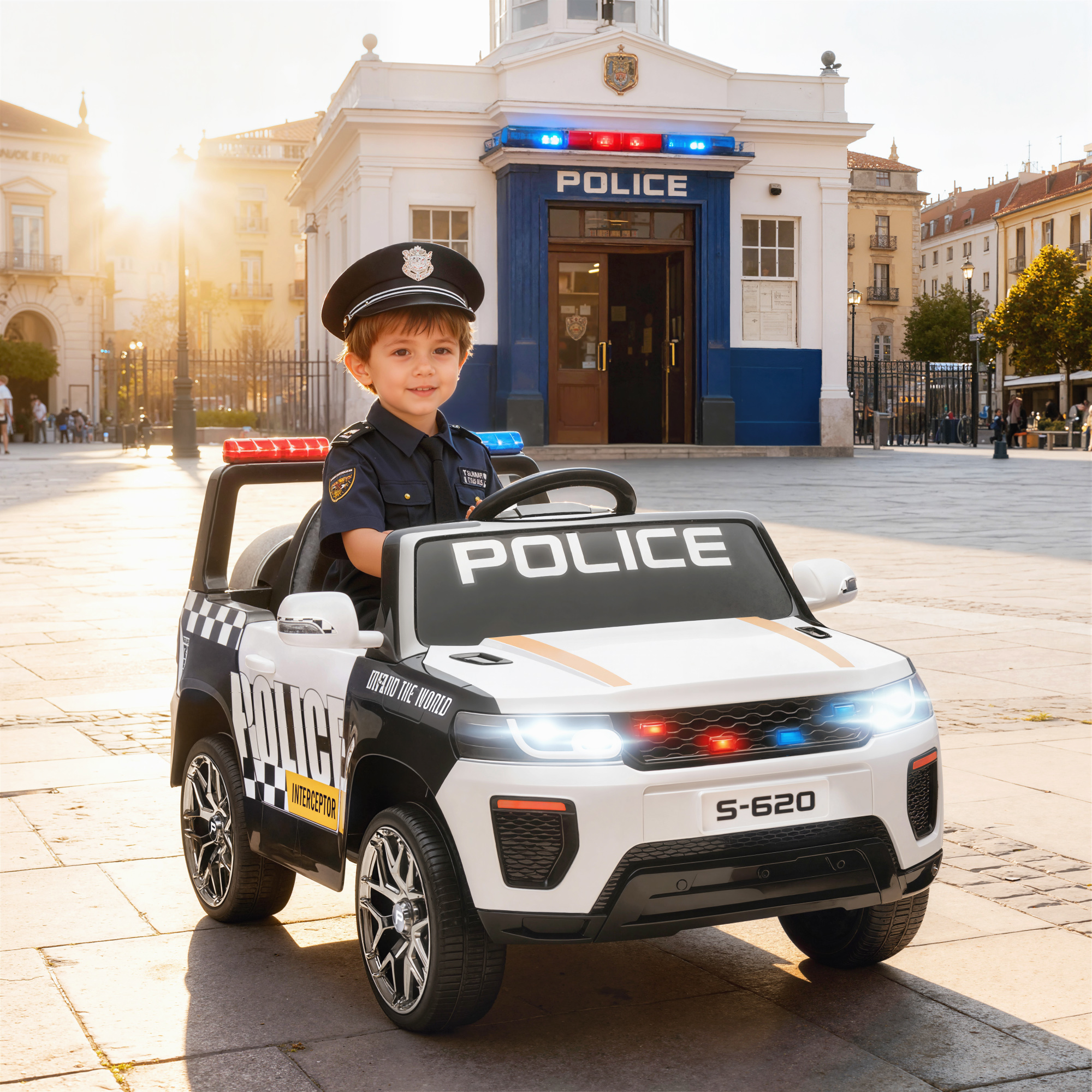 Elektrisches Polizeiauto Für Kinder Mit Fernbedienung, Doppelmotor, Sirene, 4-rad-federung Und Scheinwerfern – Weiß