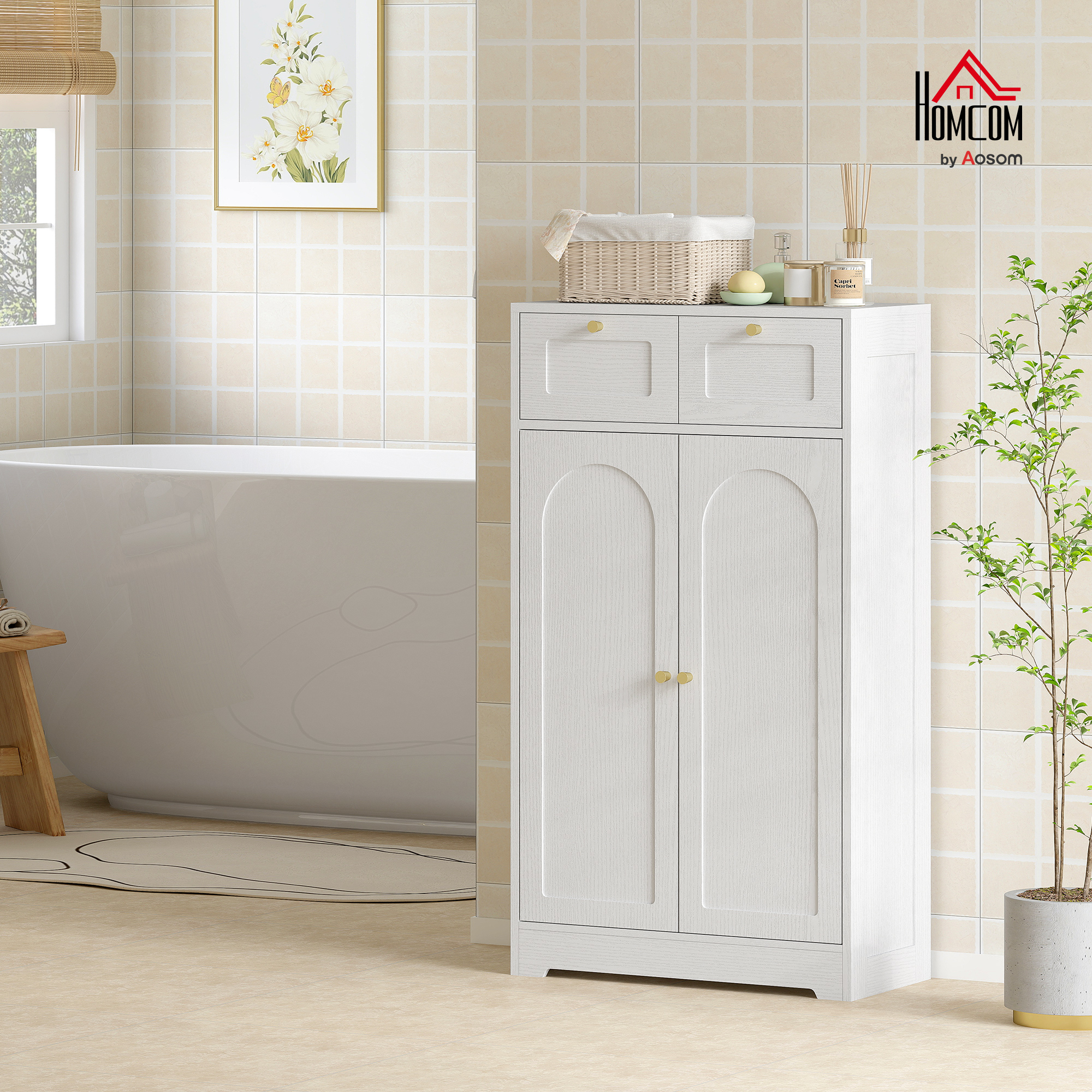 Schmaler Badezimmerschrank Mit 2 Schubladen, Offenem Fach Und Bogentür, 60 X 30 X 108 Cm, Weiß Gemasert
