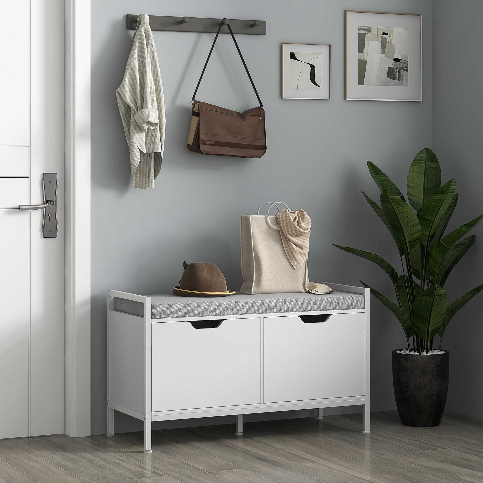 Zweistöckige Schuhbank Mit Kissen, Schuhregal Für 4 Paar Schuhe Mit Leinenoptik, Holz Und Stahl, Für Eingangsbereich, Wohnzimmer Und Flur, 84 X 35 X 50 Cm, Weiß