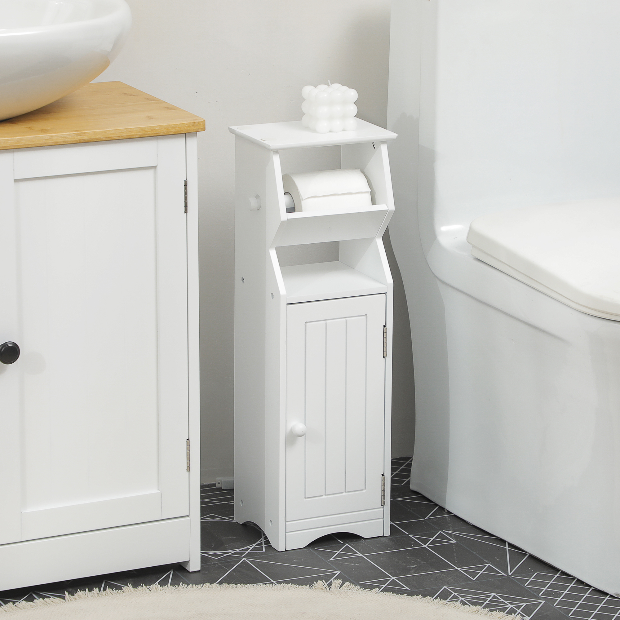 Platzsparender Badezimmerschrank Aus Weißem Mdf Mit Toilettenpapierhalter Und Ablagefach, 19 X 15 X 56 Cm