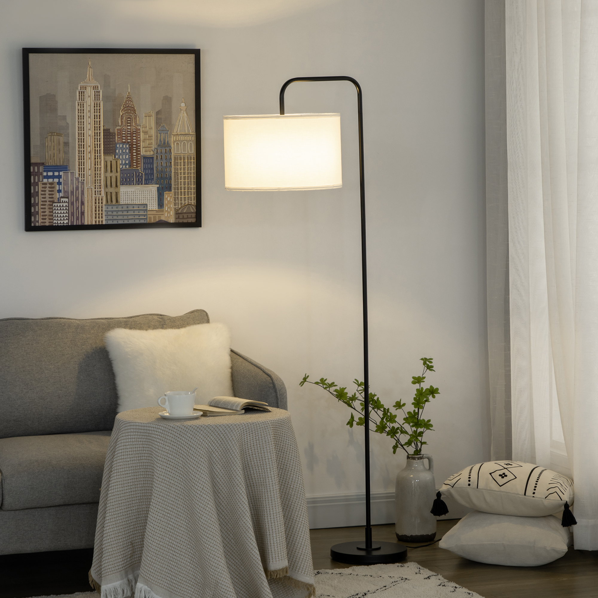 Moderne Stehlampe Von Homcom Mit Lampenschirm Aus Synthetischem Leinen, Leselampe Fürs Wohnzimmer, 64 X 38 X 163,5 Cm, Schwarz-weiß