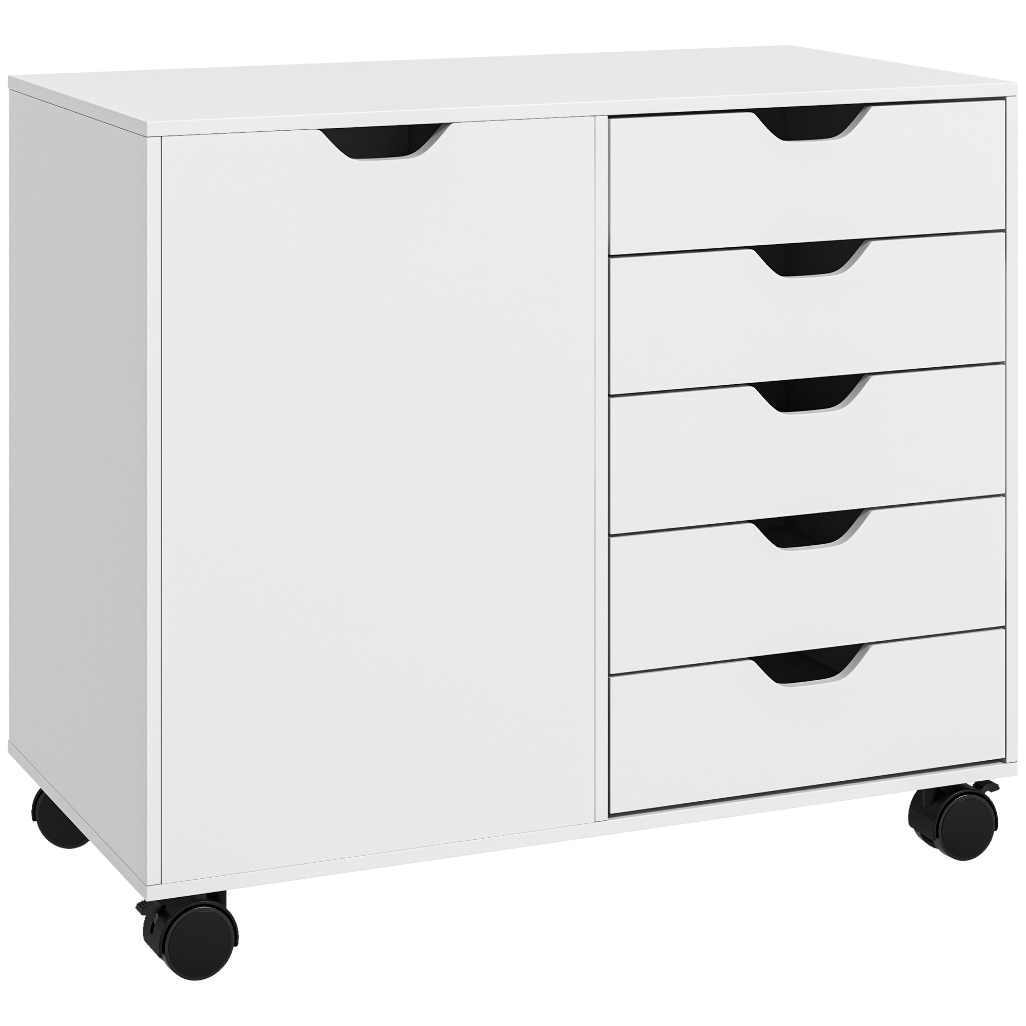 Büroschrank Mit 5 Schubladen, 1 Tür, Verstellbarem Einlegeboden, Druckerablage, Rollen, 78 X 40 X 66,5 Cm, Weiß