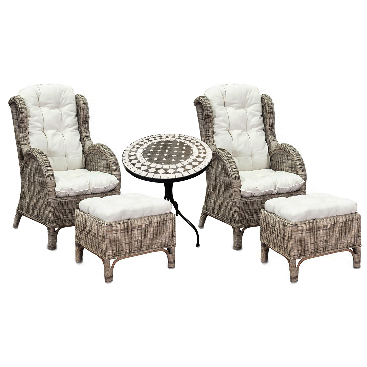 Mojawo - 2 Stück Rattan Ohrensessel Mit Fußhocker Und Mosaiktisch-2xmrs01+mmc4342-tisch