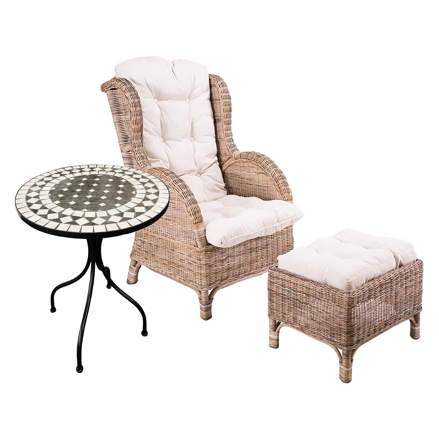 Mojawo - Rattan Ohrensessel Mit Fußhocker Und Mosaiktisch-mrs01+mmc4342-tisch