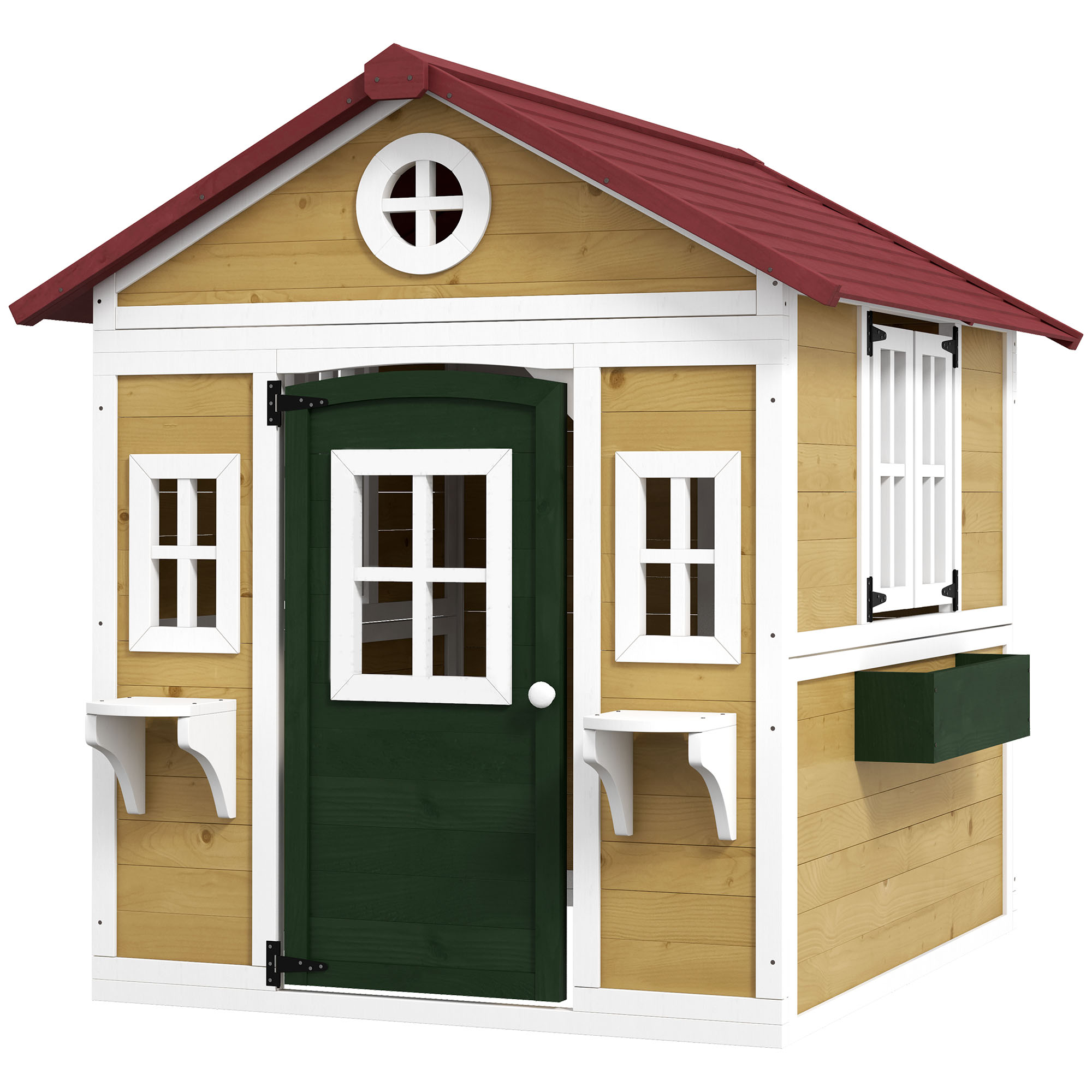 Spielhaus Für Kinder Im Außenbereich, Beige, 114 X 126 X 135 Cm, Mit Türen, Fenstern Und Pflanzgefäßen