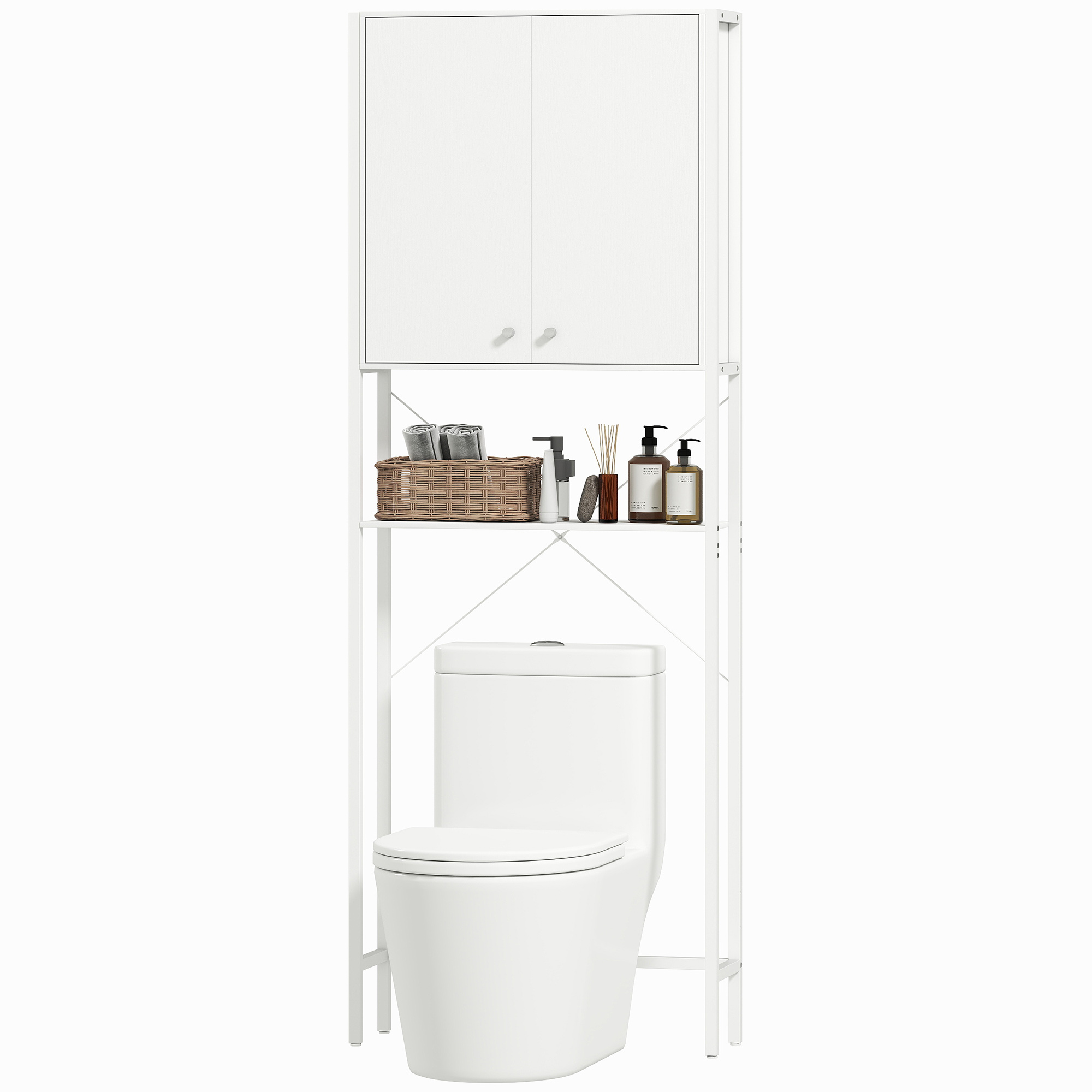 Badezimmer-waschtischunterschrank Über Toilette Und Waschmaschine Mit Schrank Und Offenem Regal, 64 X 20 X 180 Cm, Weiß