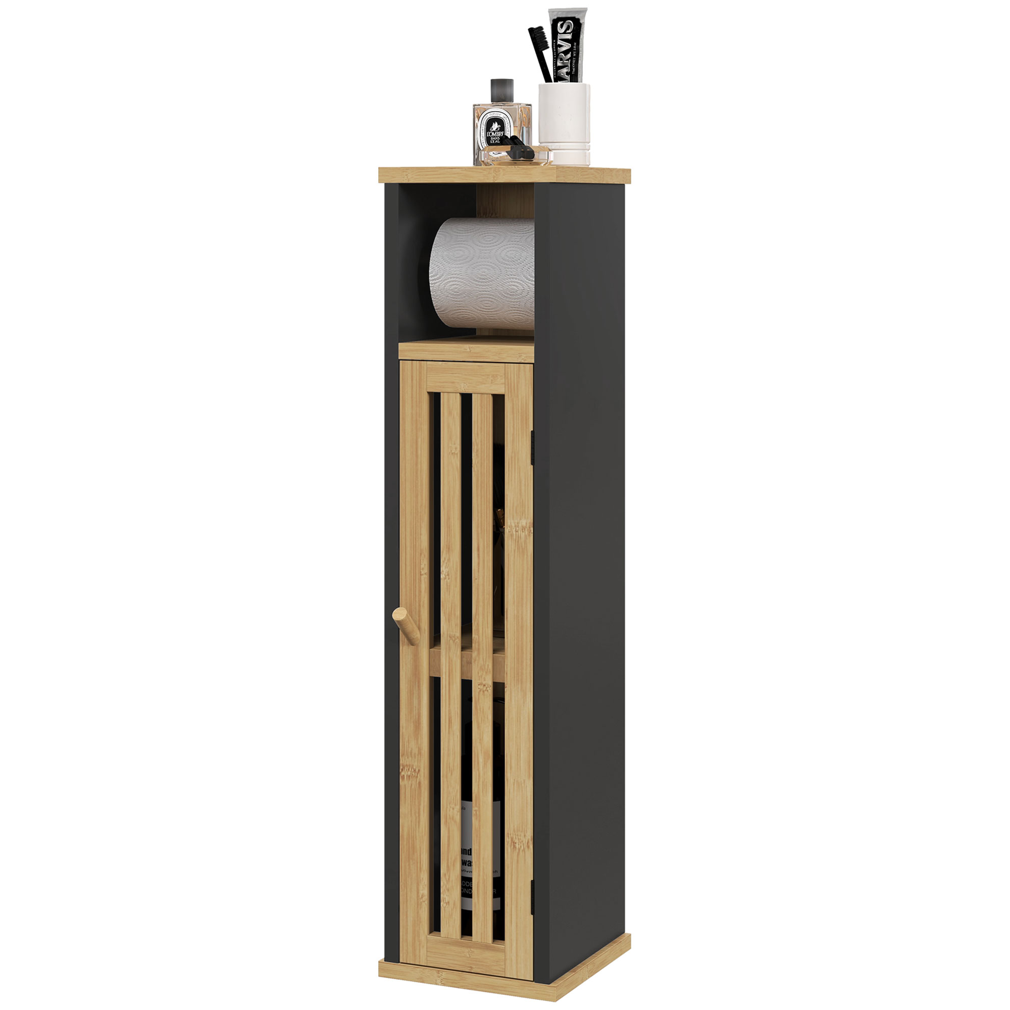 Zweistöckiger Badezimmerschrank Aus Bambus-mdf Mit Toilettenpapierhalter Und Abnehmbarer Stange