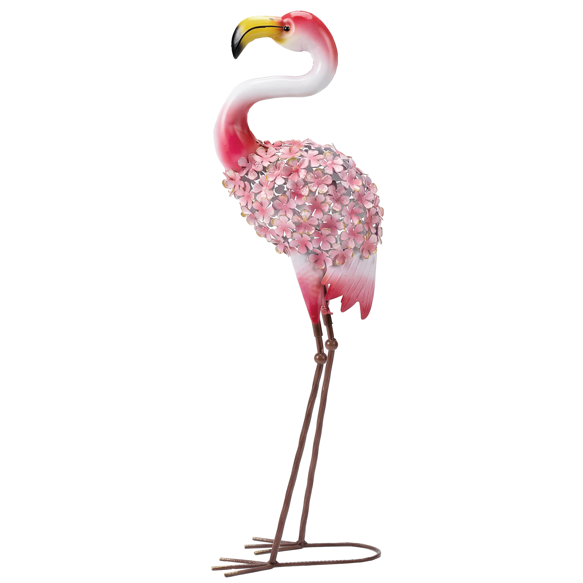 Gartenflamingo-statue, Vogelskulptur Aus Metall Mit Floralen Federn, 28 X 19 X 83 Cm, Rot
