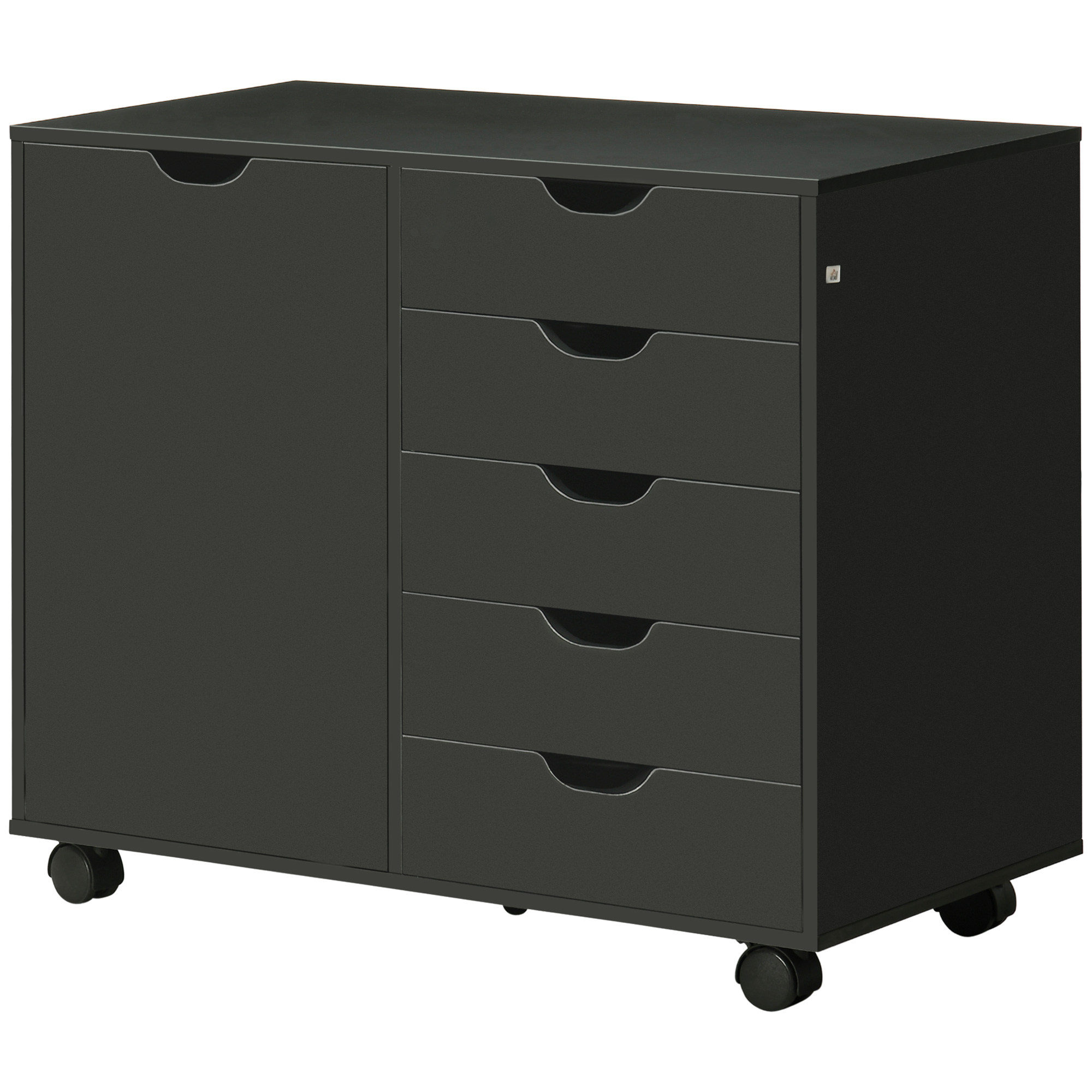 Büroschrank Mit 5 Schubladen, 1 Tür, Verstellbarem Einlegeboden Und Fahrbarem Druckerstandfuß, 78 X 40 X 66,5 Cm, Schwarz