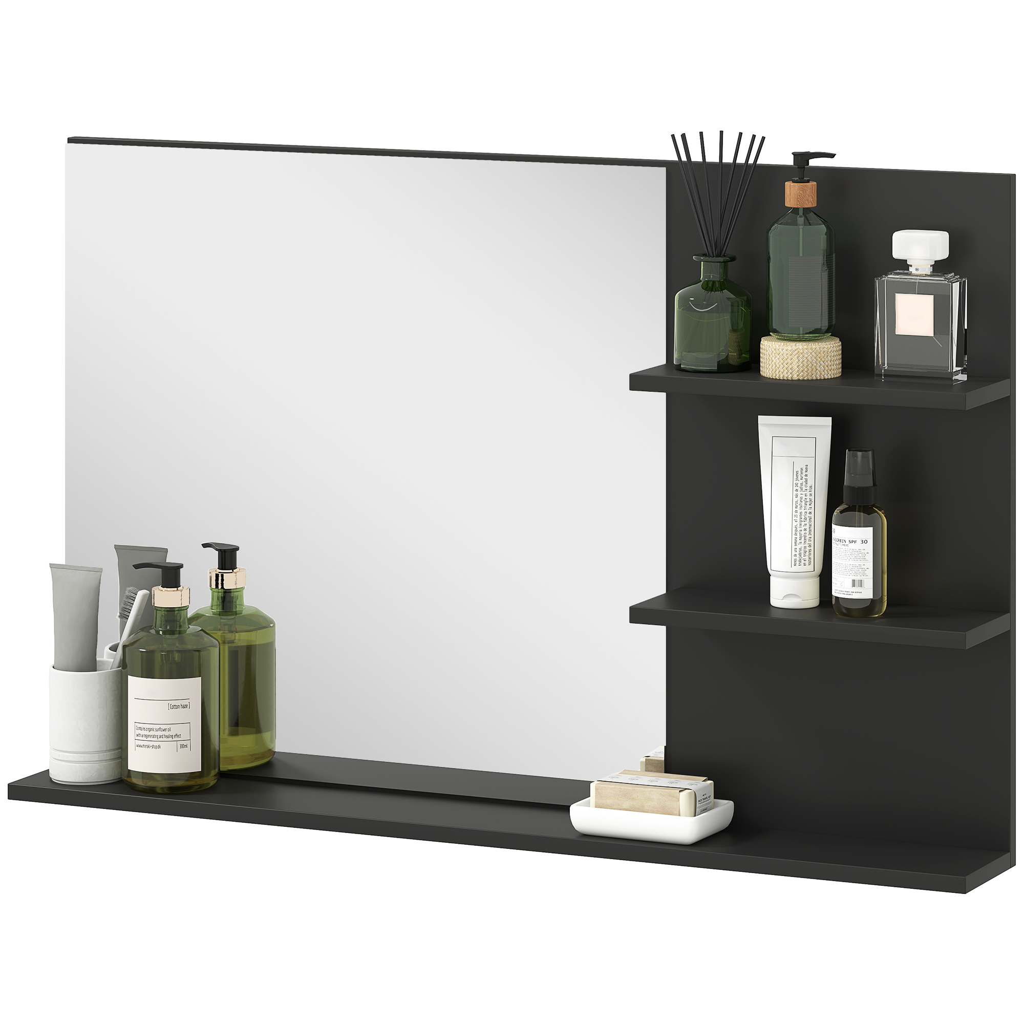 Modernes Badezimmer-spiegelmöbel Mit 2 Seitlichen Ablagen Und Einer Unteren Ablage, Holz Und Glas, 75 X 10 X 48 Cm, Schwarz