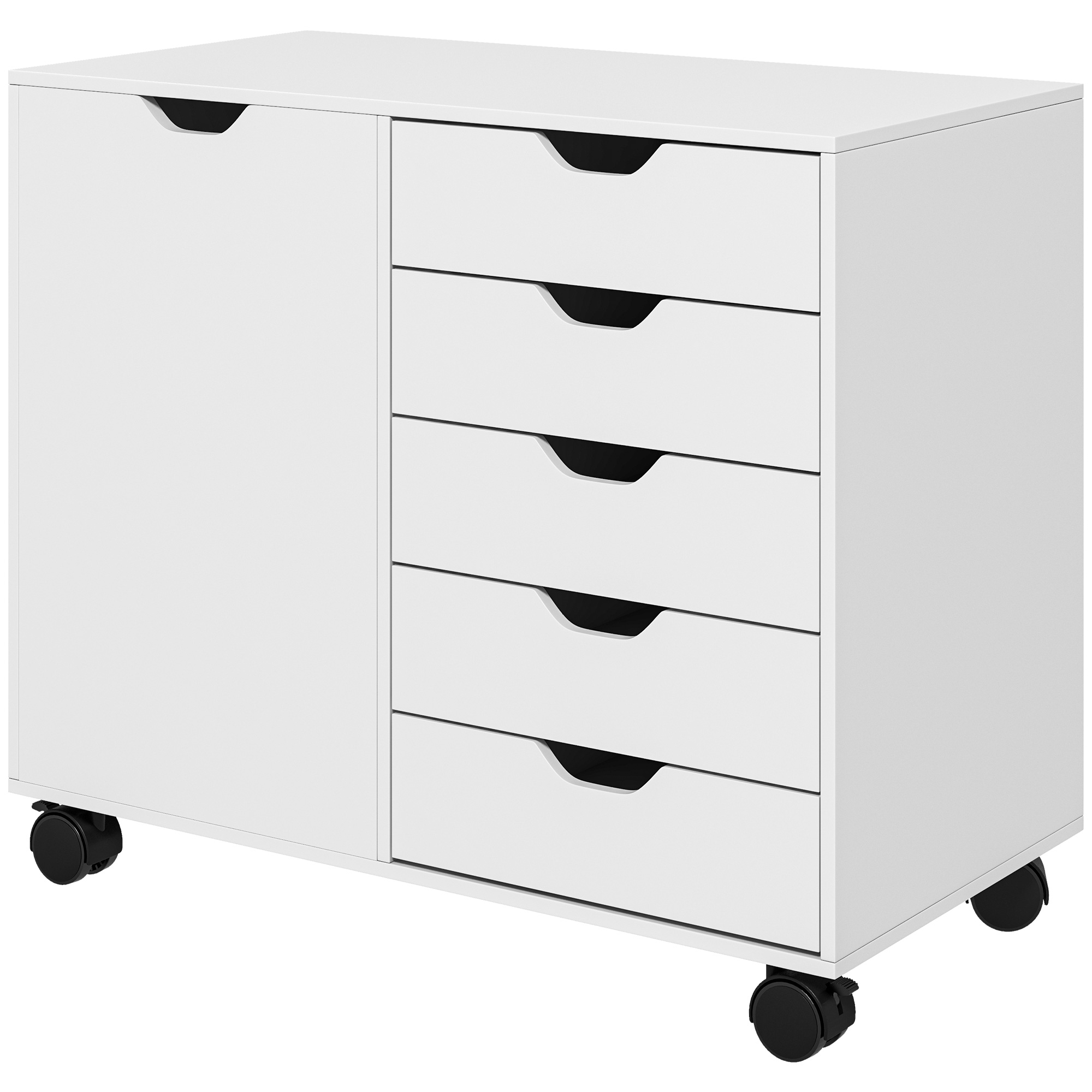 Büroschrank Mit 5 Schubladen, 1 Tür, Verstellbarem Einlegeboden, Druckerablage Und Rollen, 78 X 40 X 66,5 Cm, Weiß
