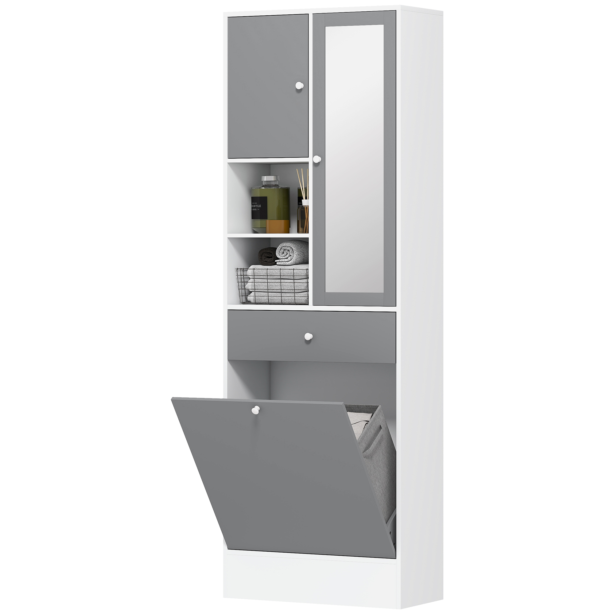 Grauer Und Weißer Badezimmerschrank (62 X 28 X 181 Cm) Mit Wäschekorb, Spiegel Und Verstellbarem Einlegeboden