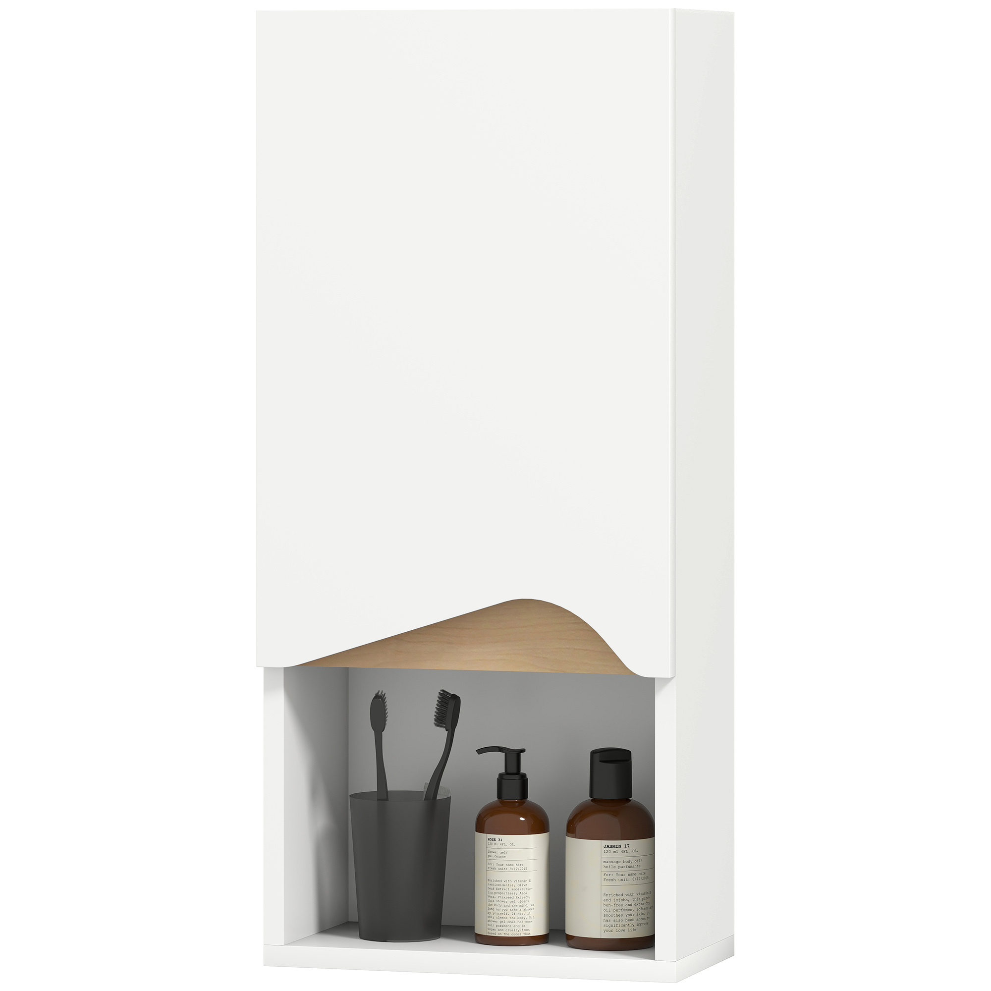 Wandhängender Badezimmerschrank Mit Offenem Fach Und Verstellbarem Einlegeboden, Aus Holz, 30 X 17 X 67 Cm, Weiß Und Holz