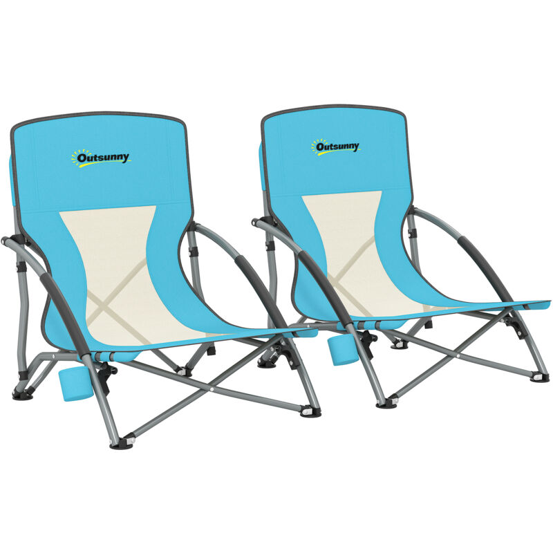 Set Aus 2 Leichten, Faltbaren Strandstühlen Mit Tragetasche Und Getränkehalter, Maße 58 X 55 X 62 Cm, Blau.