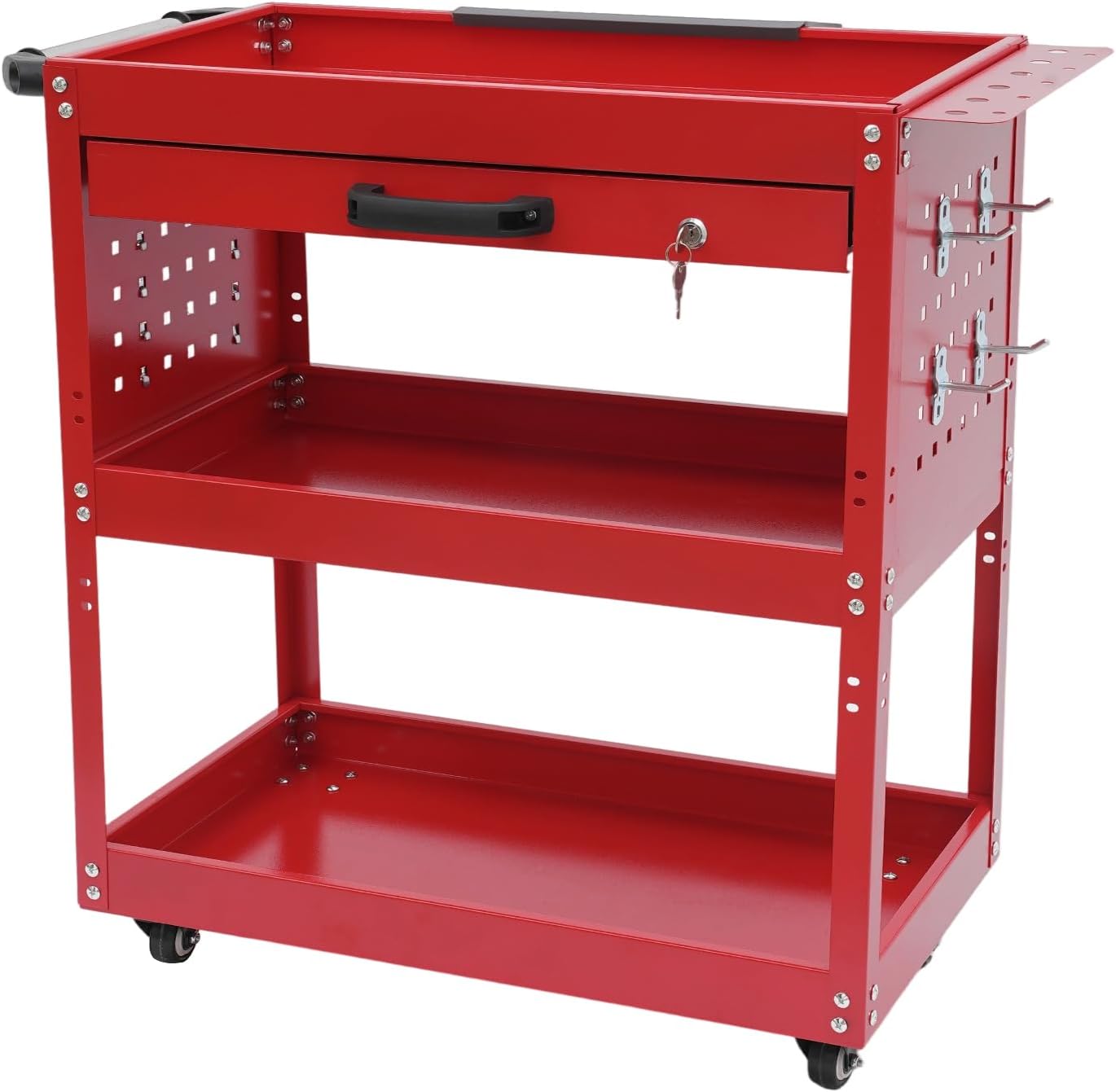 Fahrbarer Werkzeugwagen, 3-stöckiger Werkstattwagen, Rot, Stahl, Mit Lenkrollen, Für Kfz-wartung, Lager, Garagen, Werkstätten, 77,6 X 81 X 35,66 Cm, 250 Kg Tragkraft