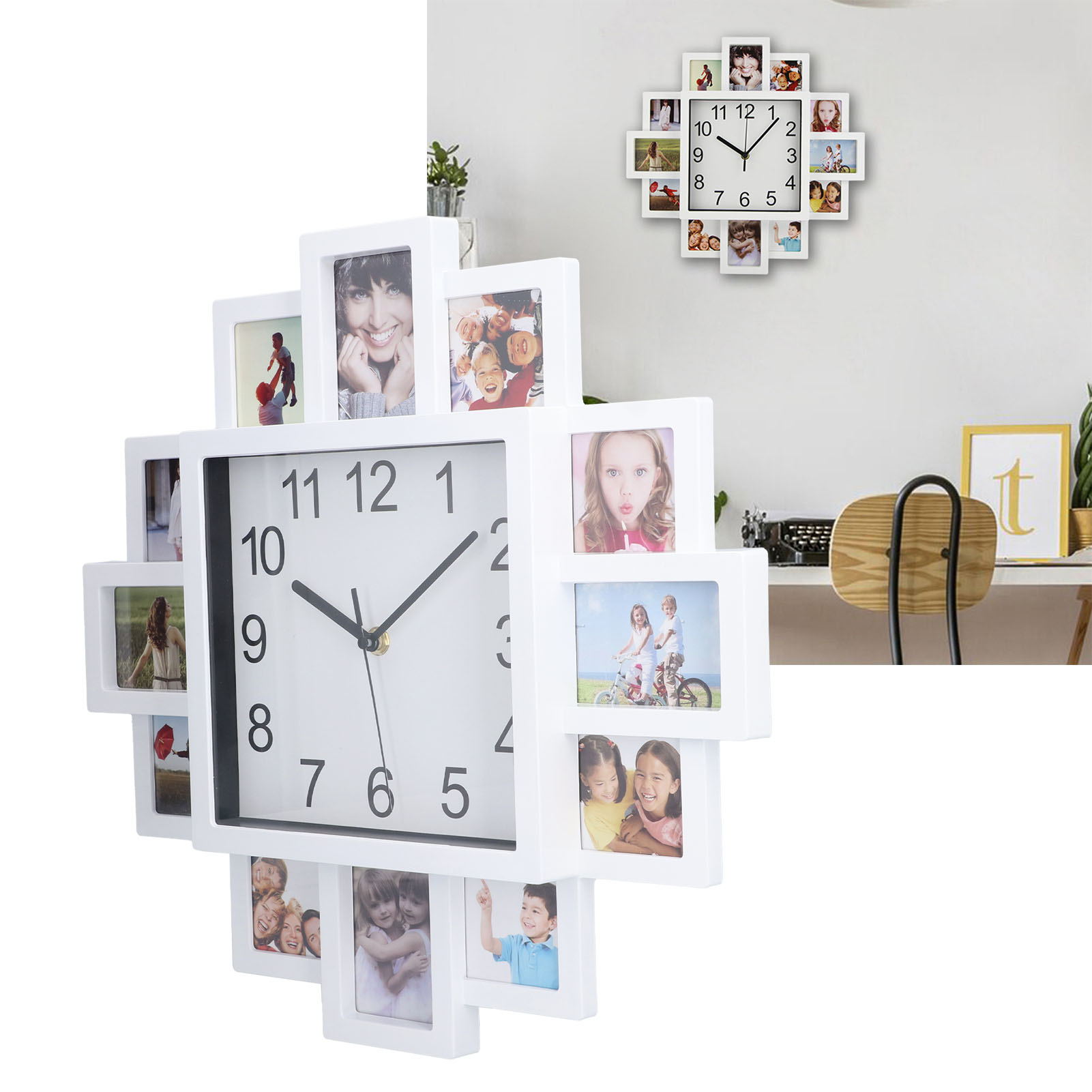 Personalisierbare Wanduhr Mit Fotorahmen Weiße Mehrfachfotouhr 39 Cm / 15,35 Zoll Weißer Abs-fotorahmen Dekorative Mehrfachfotouhr Für Zuhause
