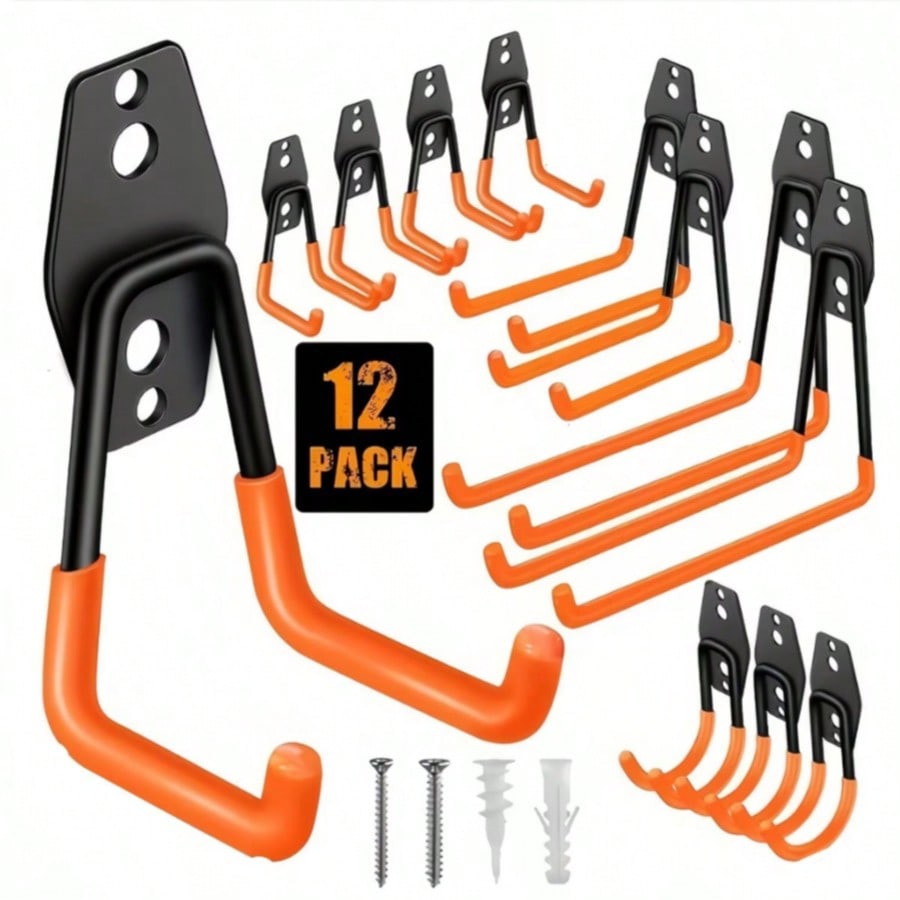 12 Robuste Garagenhaken Aus Stahl – Rutschfeste Beschichtung Für Werkzeuge, Leitern, Fahrräder, Orange