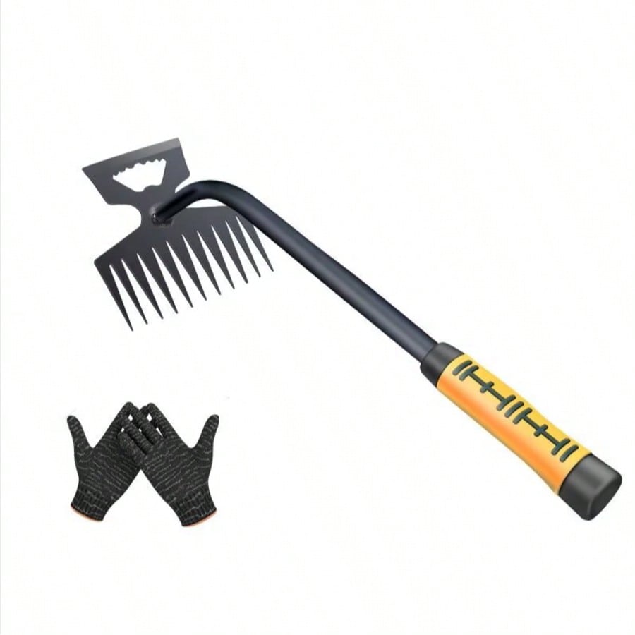 Manueller Unkrautstecher, 11-zinkiger Unkrautrechen, Gartenrechen Aus Edelstahl, Inklusive Handschuhen