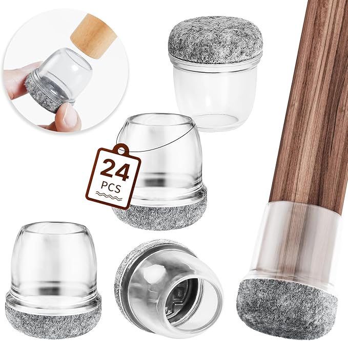 24-teiliges Stuhlbein-schutzset (29–34 Mm) Mit Transparenter Filzpolsterung, 1,25 Zoll Silikon-stuhlbeinüberzüge, Elastische Schoner, Filz-stuhlendkappen